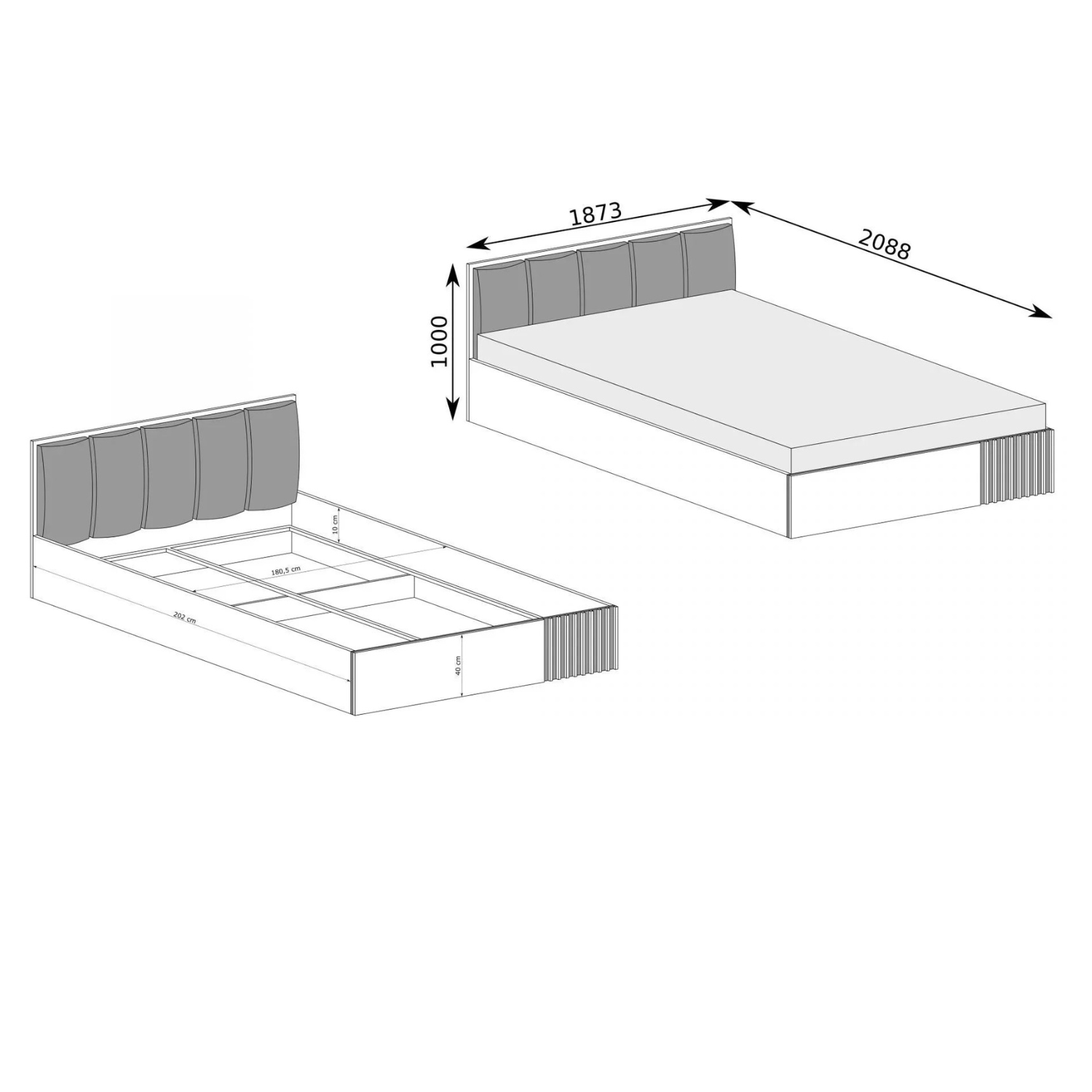 Lit moderne avec tête de lit rembourrée noire et rangement intégré