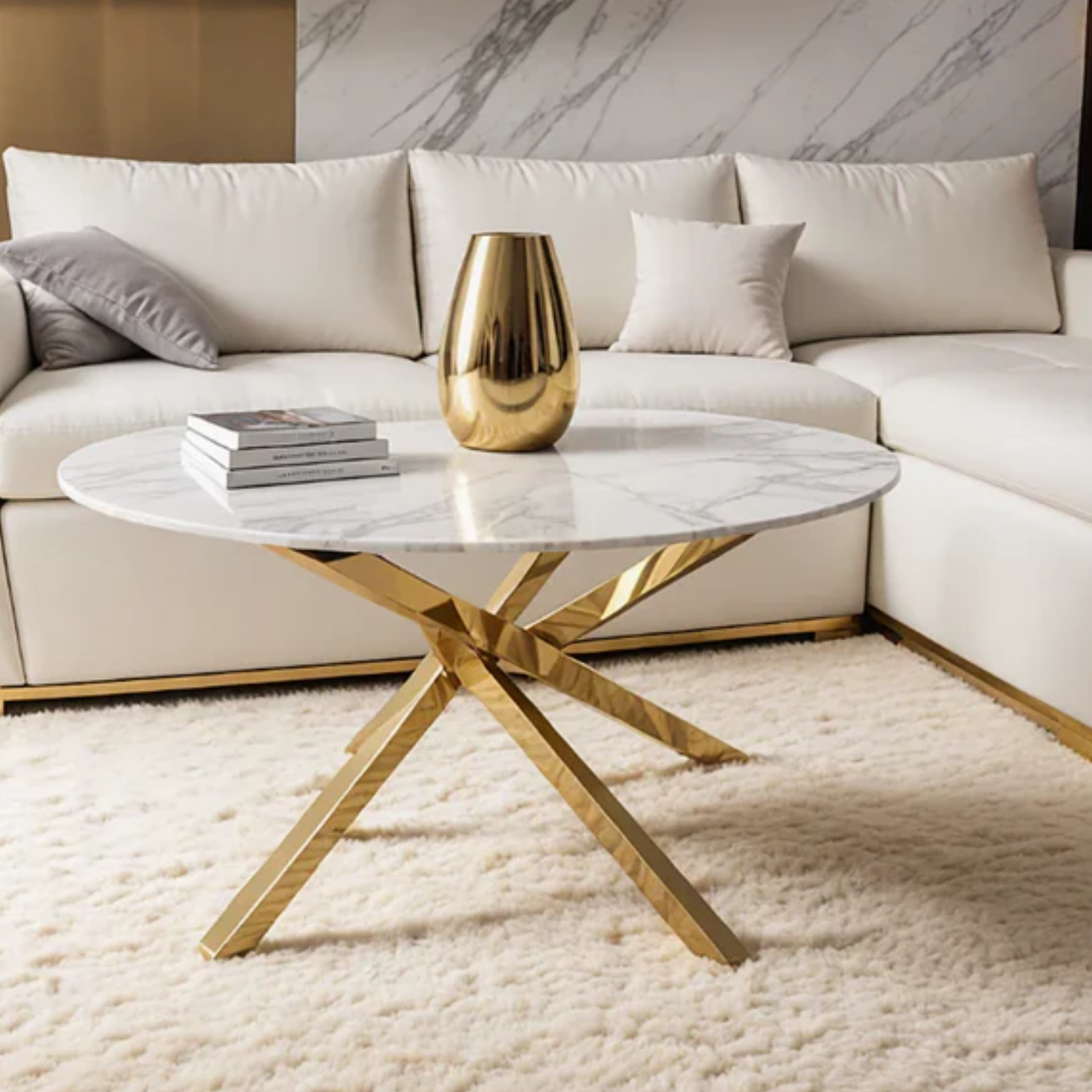 Table Basse Ronde en Verre ou Effet Marbre avec Structure Dorée ou Argentée