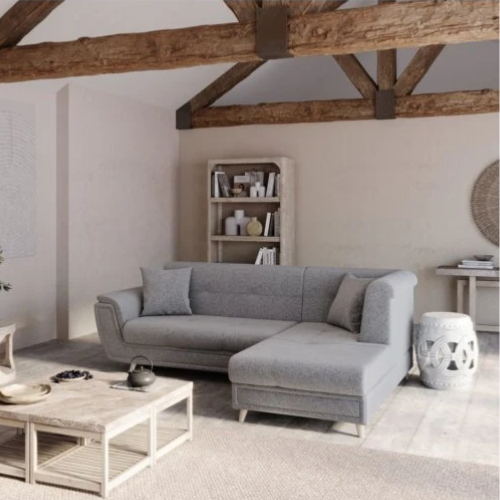 Canapé d'angle fixe convertible en tissu et pieds bois