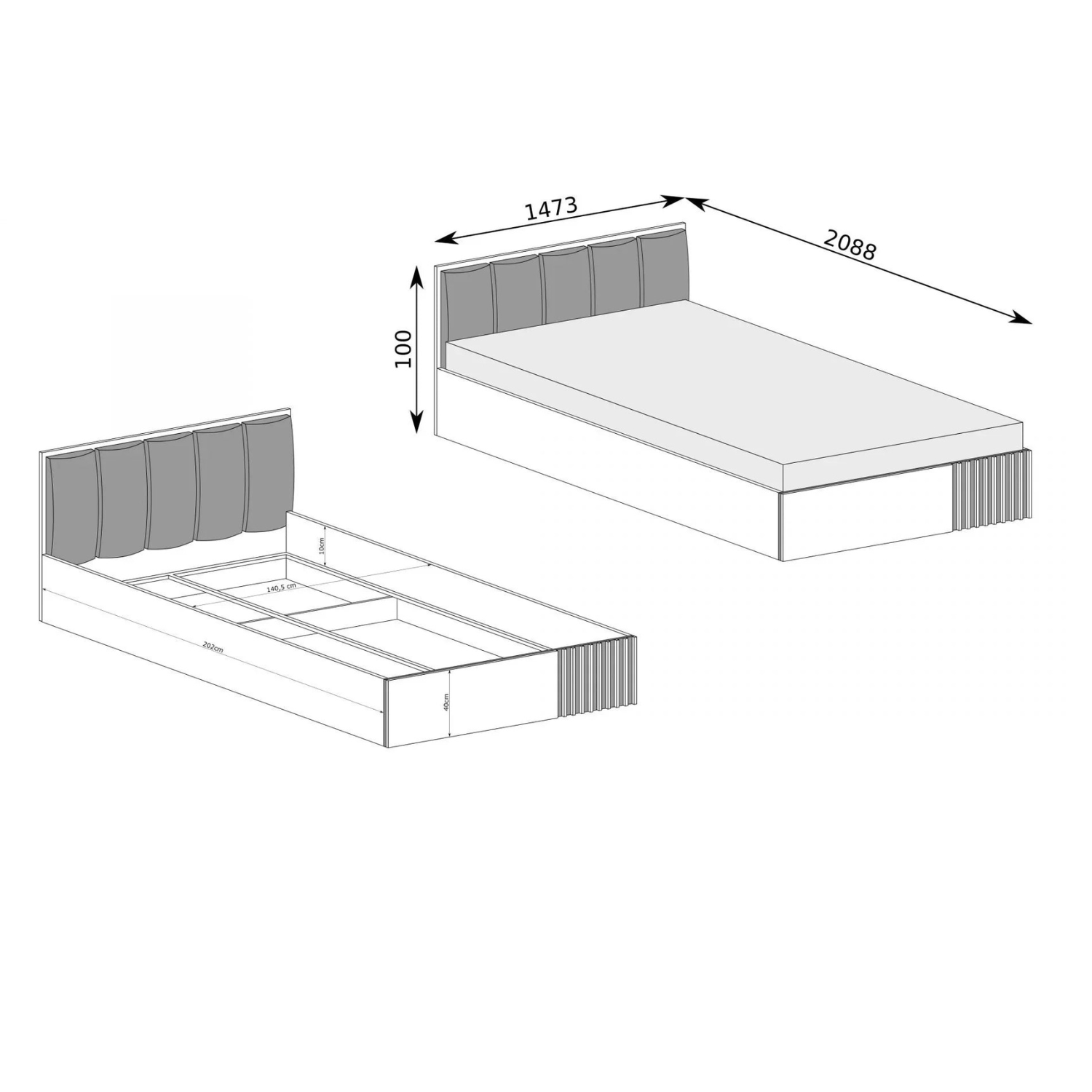 Lit moderne avec tête de lit rembourrée noire et rangement intégré