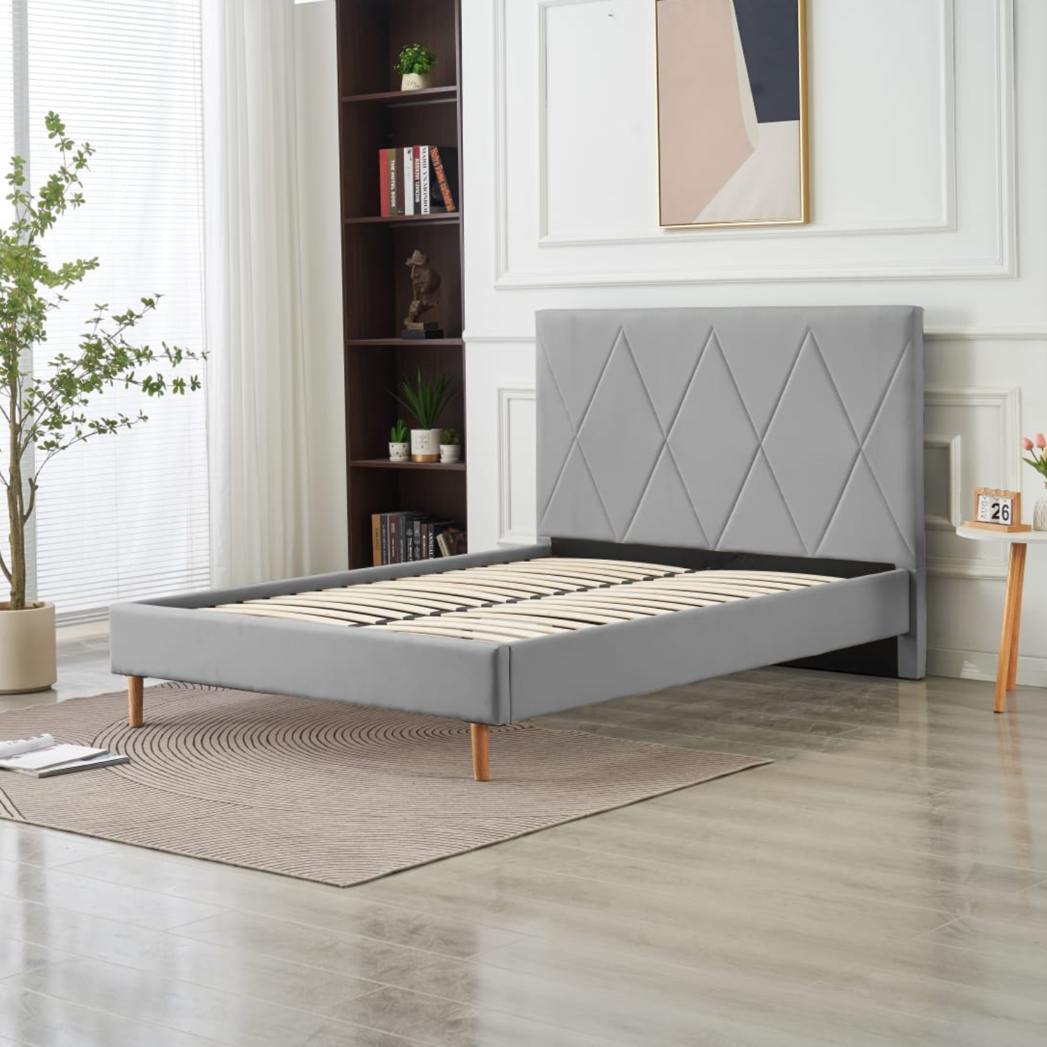 Lit Simple Pied Bois en Similicuir – Blanc, Beige, Noir, Gris – 90x190, 140x190, 160x200 cm