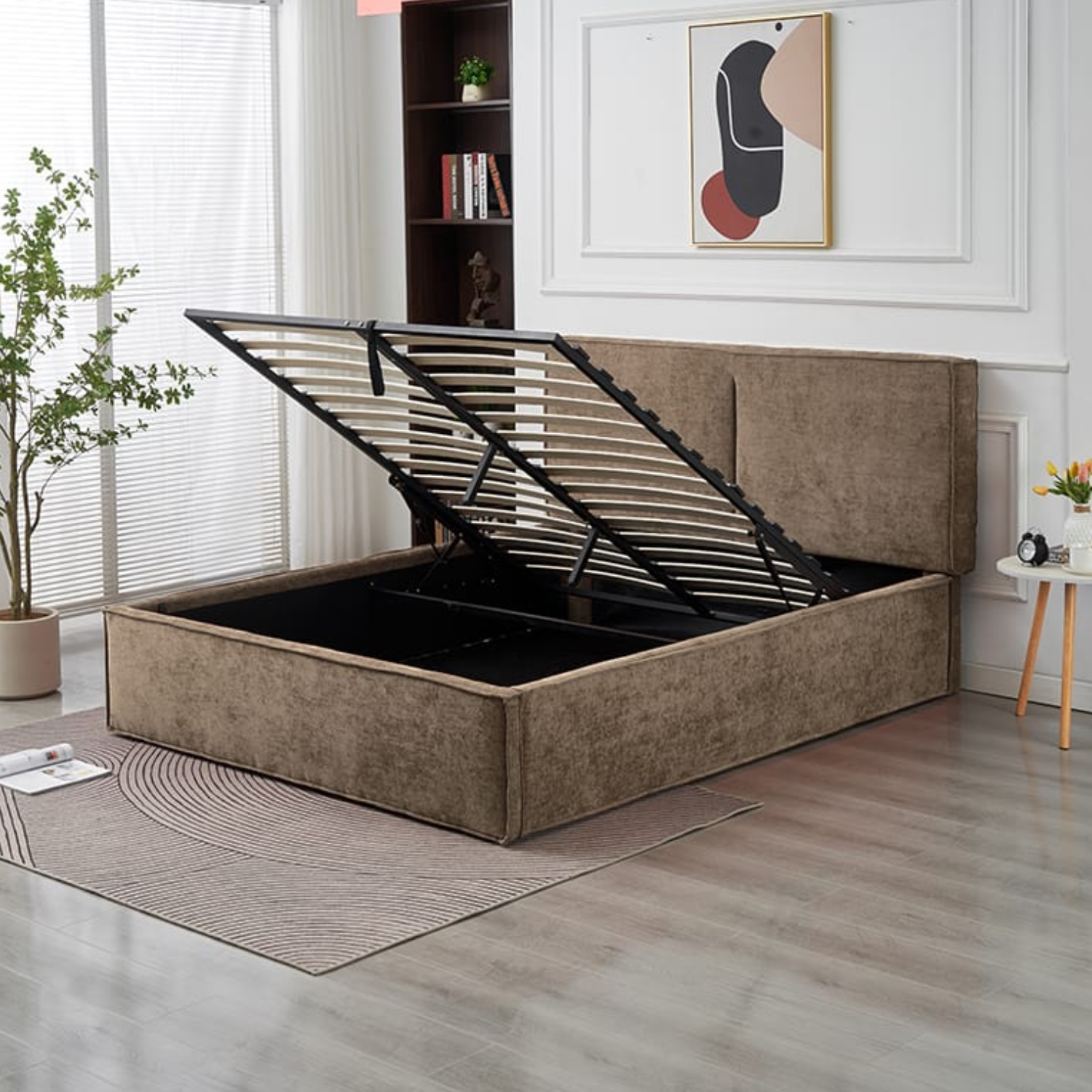 Lit coffre  en tissu chenille – avec sommier à lattes et rangement intégré (140x190, 160x200, 180x200)