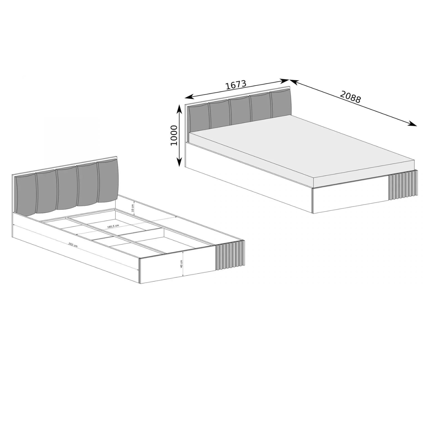Lit moderne avec tête de lit rembourrée noire et rangement intégré