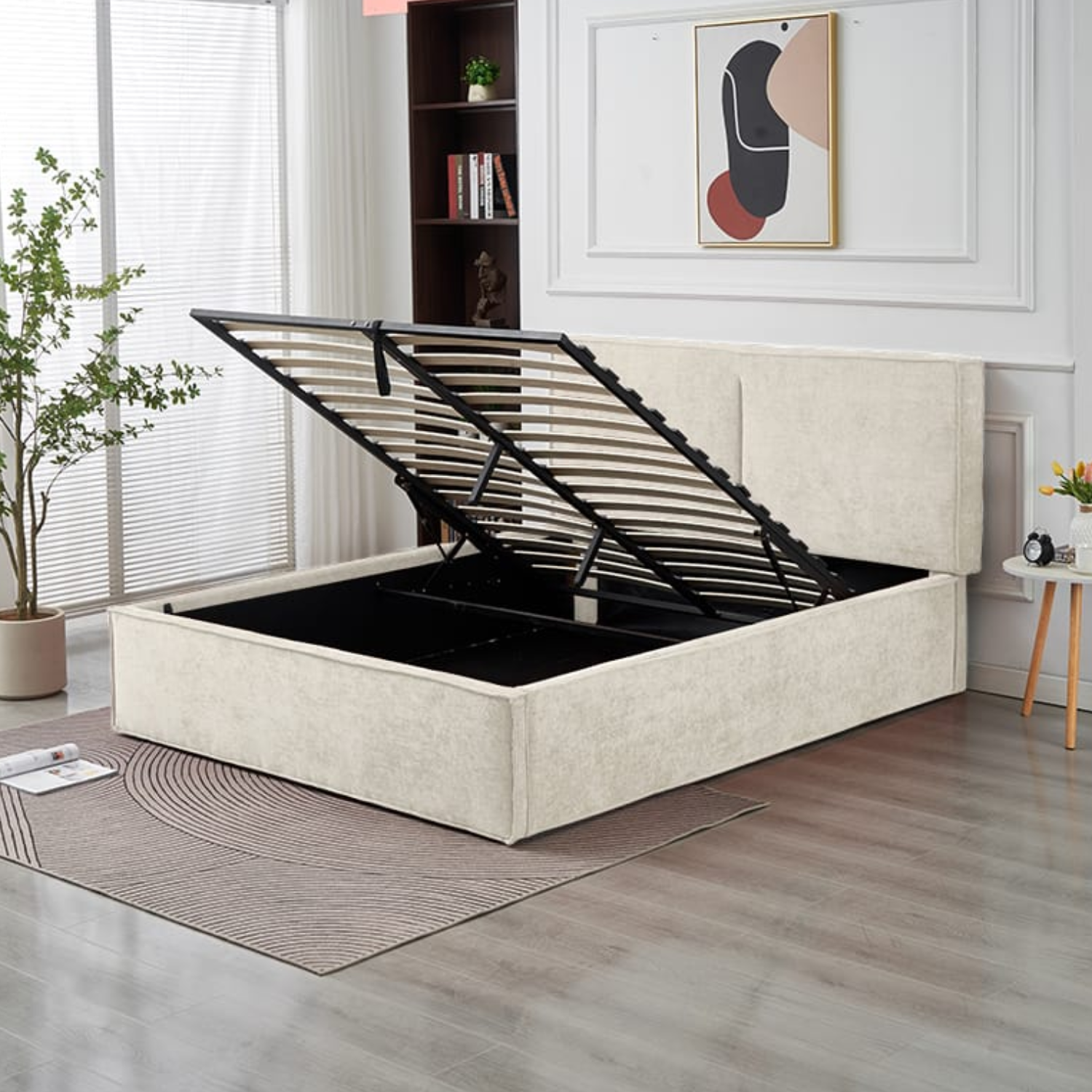 Lit coffre  en tissu chenille – avec sommier à lattes et rangement intégré (140x190, 160x200, 180x200)