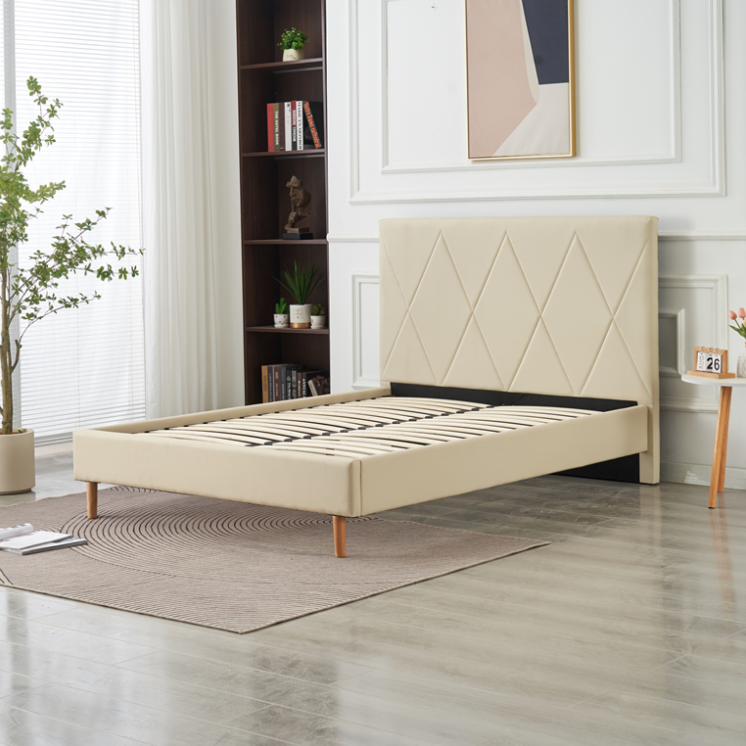 Lit Simple Pied Bois en Similicuir – Blanc, Beige, Noir, Gris – 90x190, 140x190, 160x200 cm