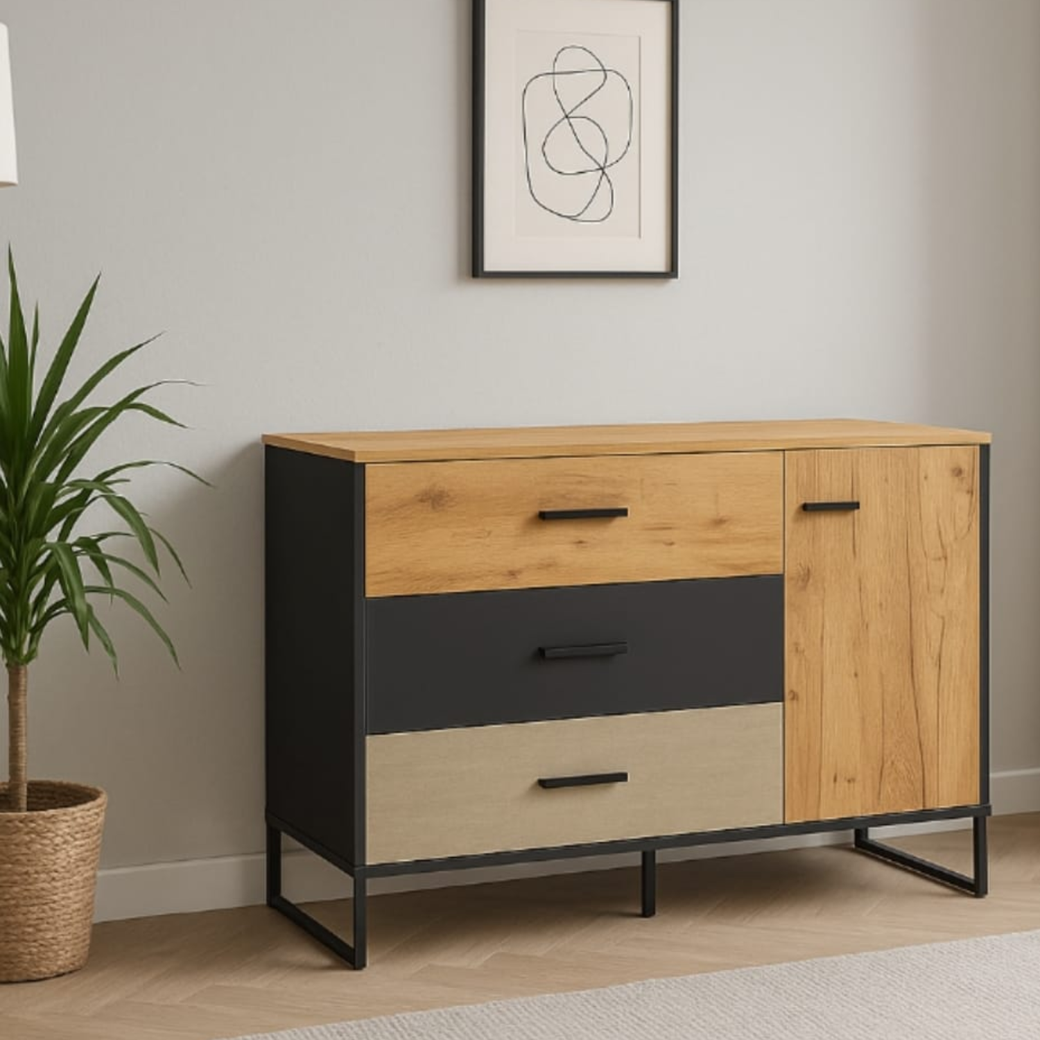Buffet Design en Chêne Artisan Or et Noir – Tiroirs Renforcés à Extension Complète – Finition Acier Premium – 120 cm