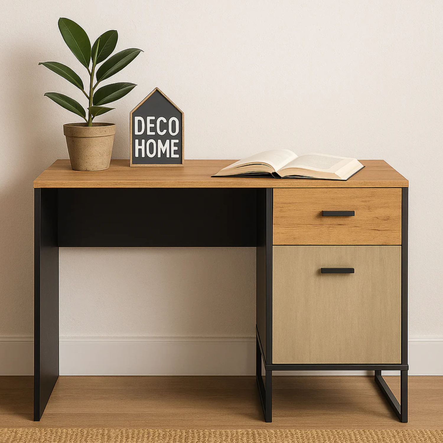 Bureau Design en Chêne Artisan Or et Noir – Plateau Résistant et Finitions Acier Premium – 120 cm