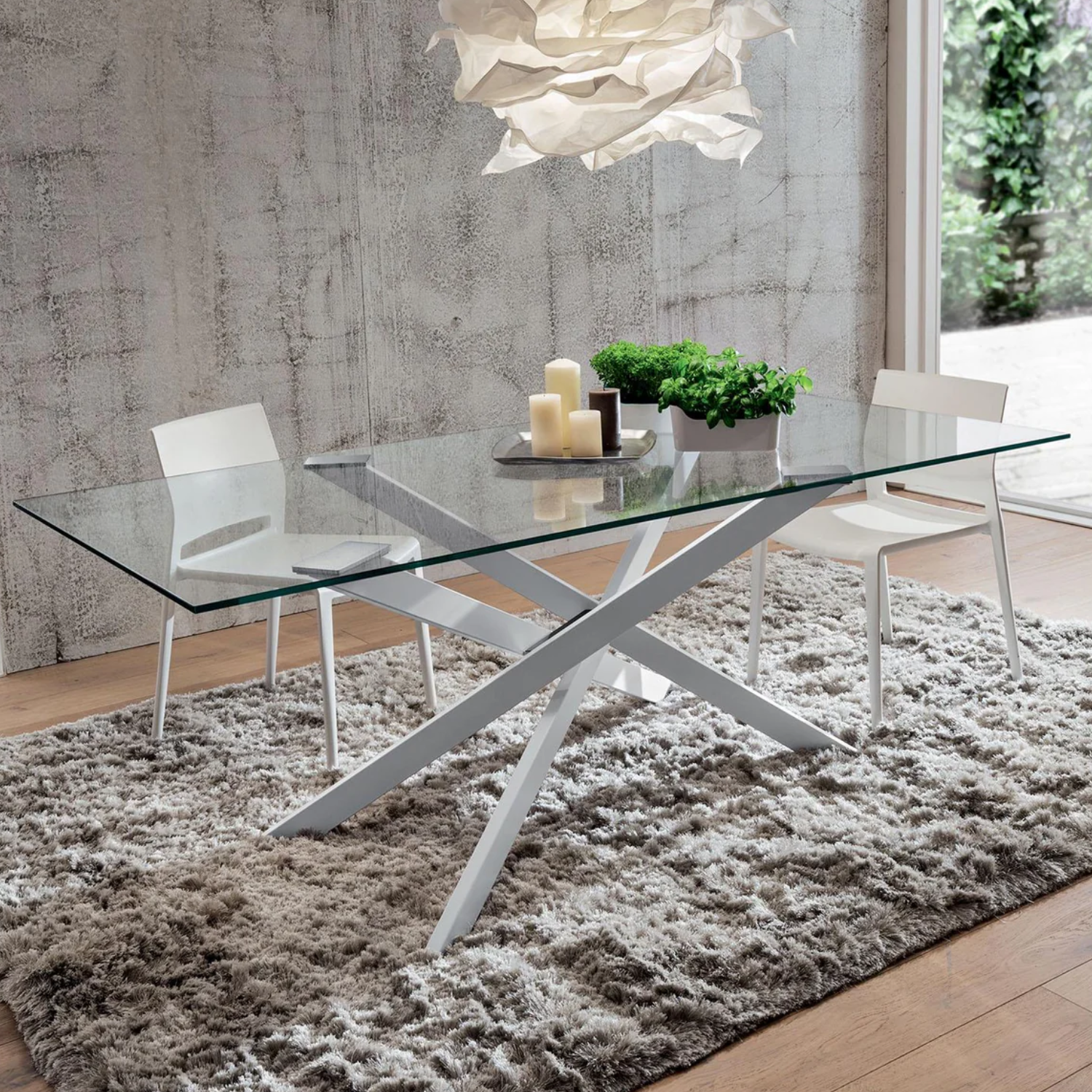 Table à Manger Rectangulaire en Verre Trempé avec Pieds Argentés