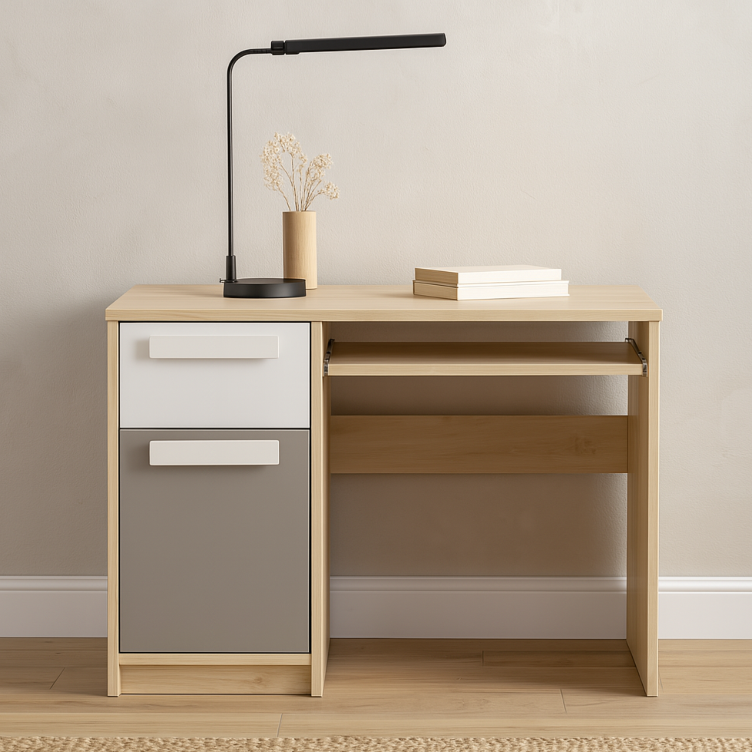 Bureau moderne Hêtre Fjord + Blanc, design élégant avec bordure ABS et finition résistante