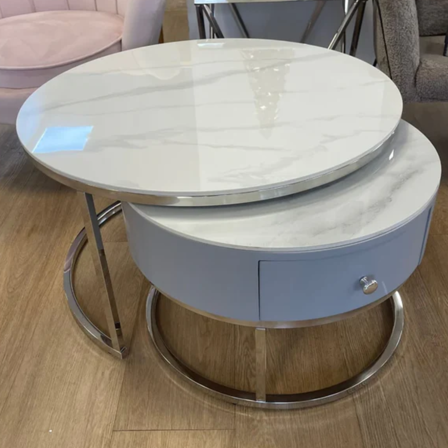 Table Basse Gigogne Céramique Marbre Blanc avec Piètement en acier inoxydable