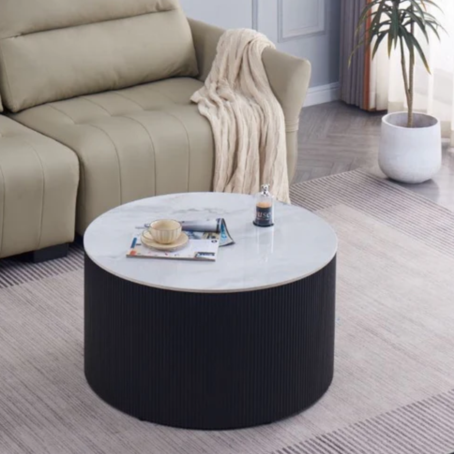 Table Basse Plateau en Céramique Marbre en Blanc ou Gris avec Piètement Noir ou Beige