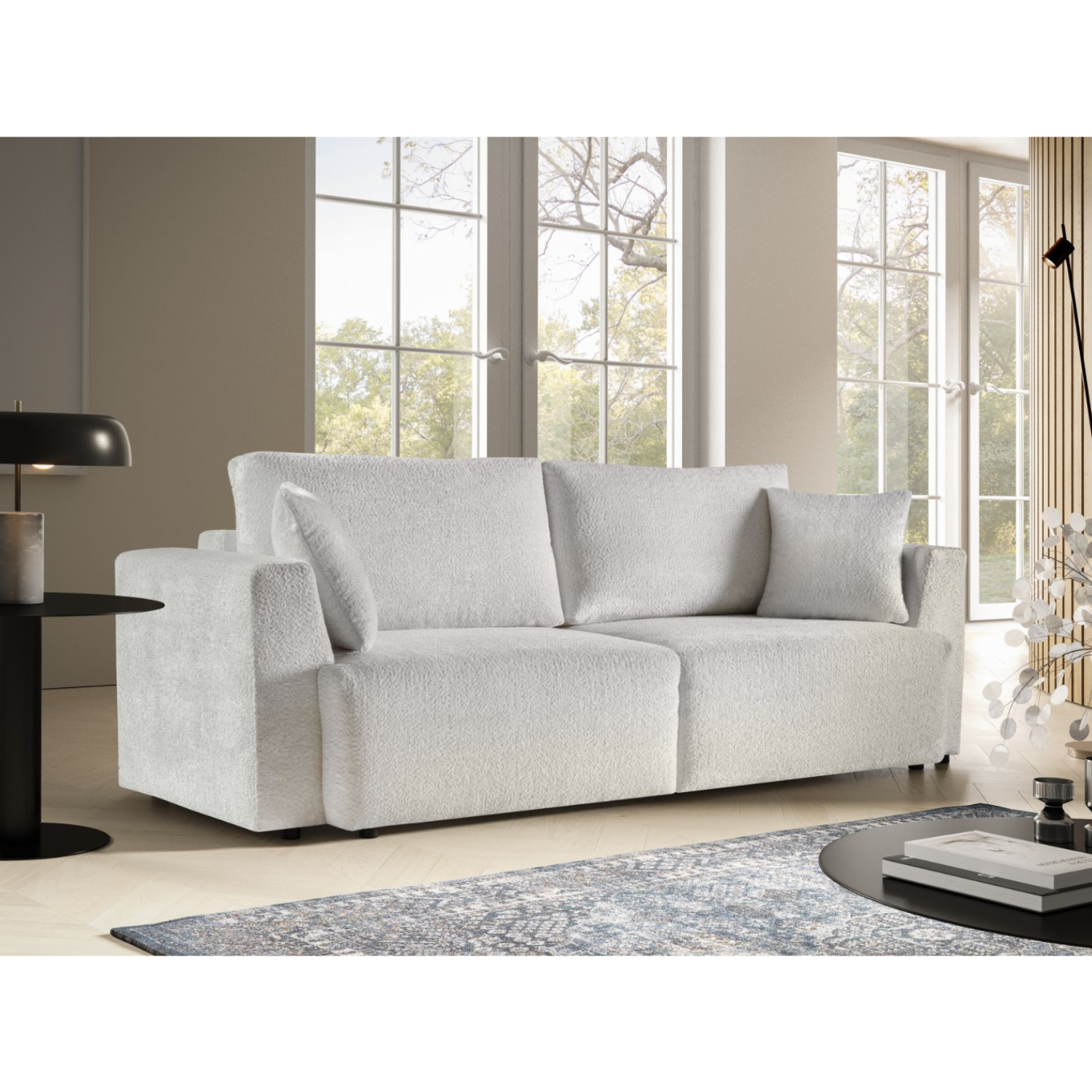 Canapé convertible avec coffre, coussins amovibles et revêtement en tissu bouclé