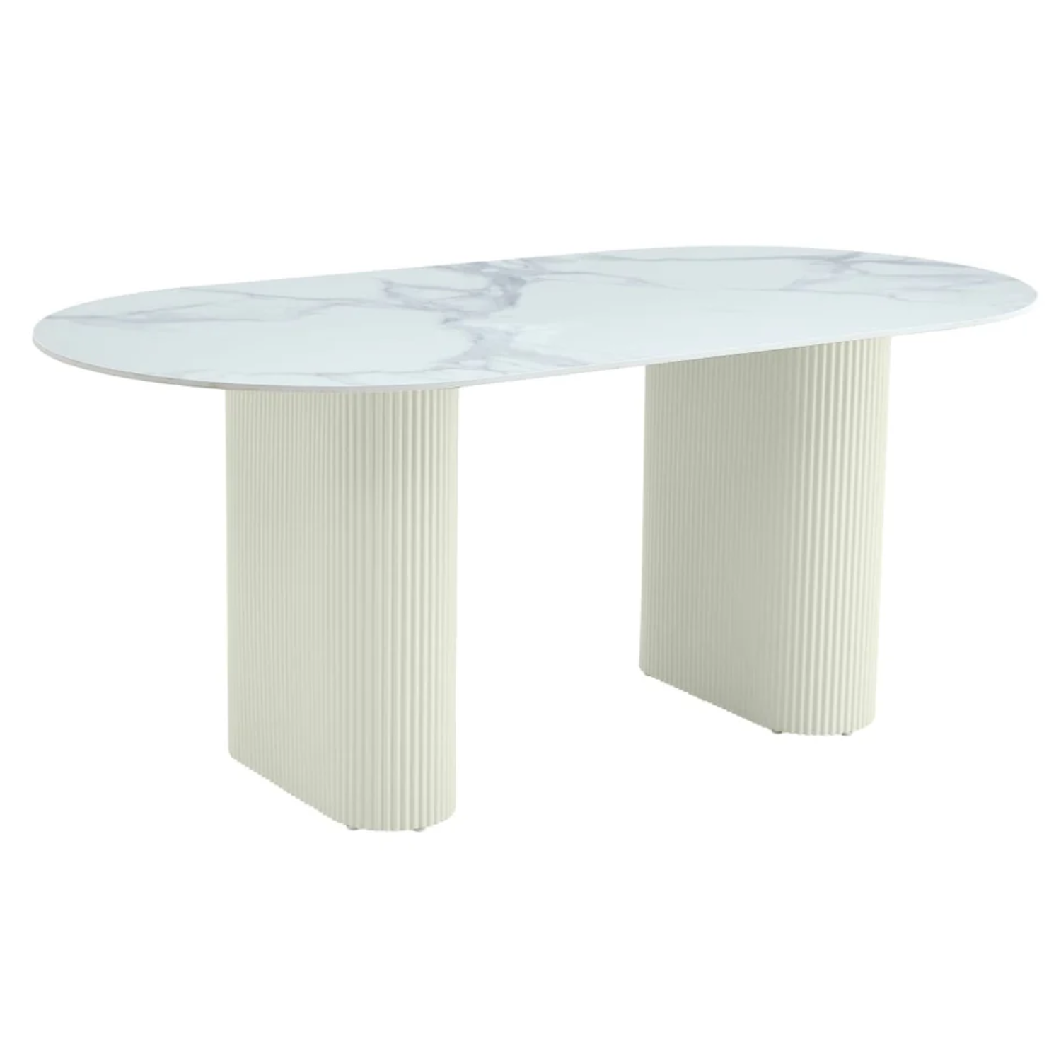 Table à manger - Plateau en céramique Travertin ou Marbre blanc, Pieds métalliques noirs ou beiges, 180x90cm