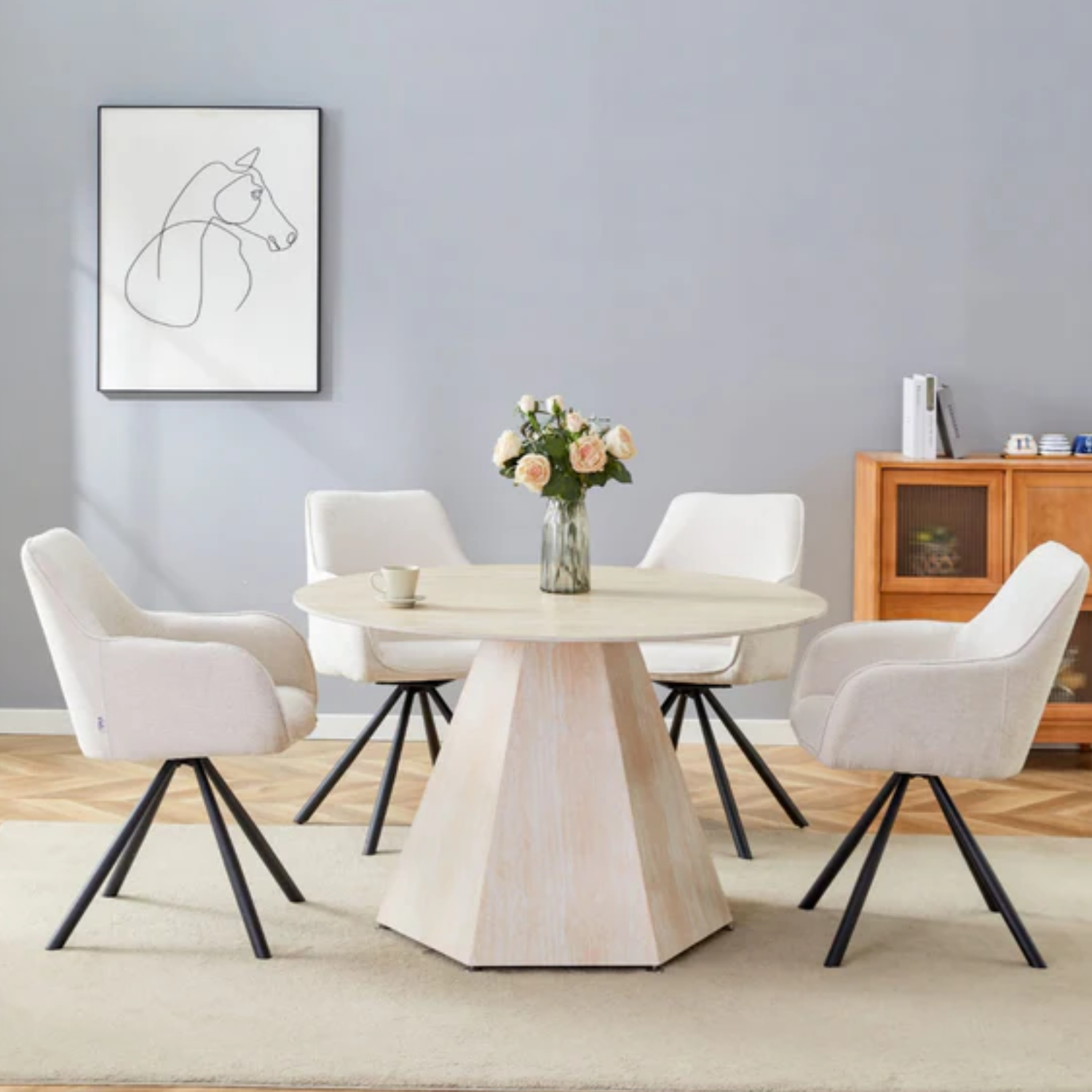 Table à manger – 120 cm – Plateau en céramique effet travertin mat