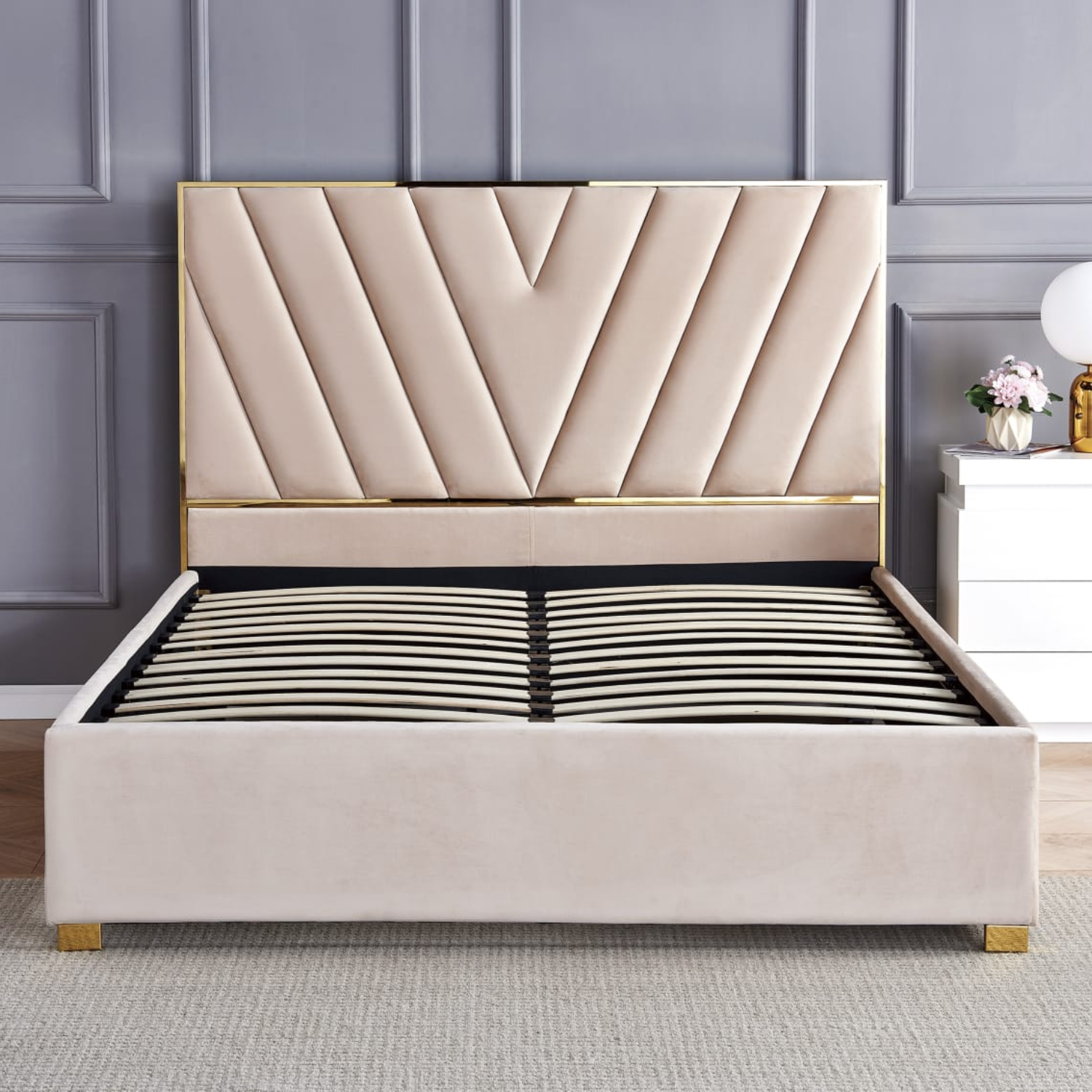 Lit revêtement en velours et sommier à latte en bois - 140x190 cm