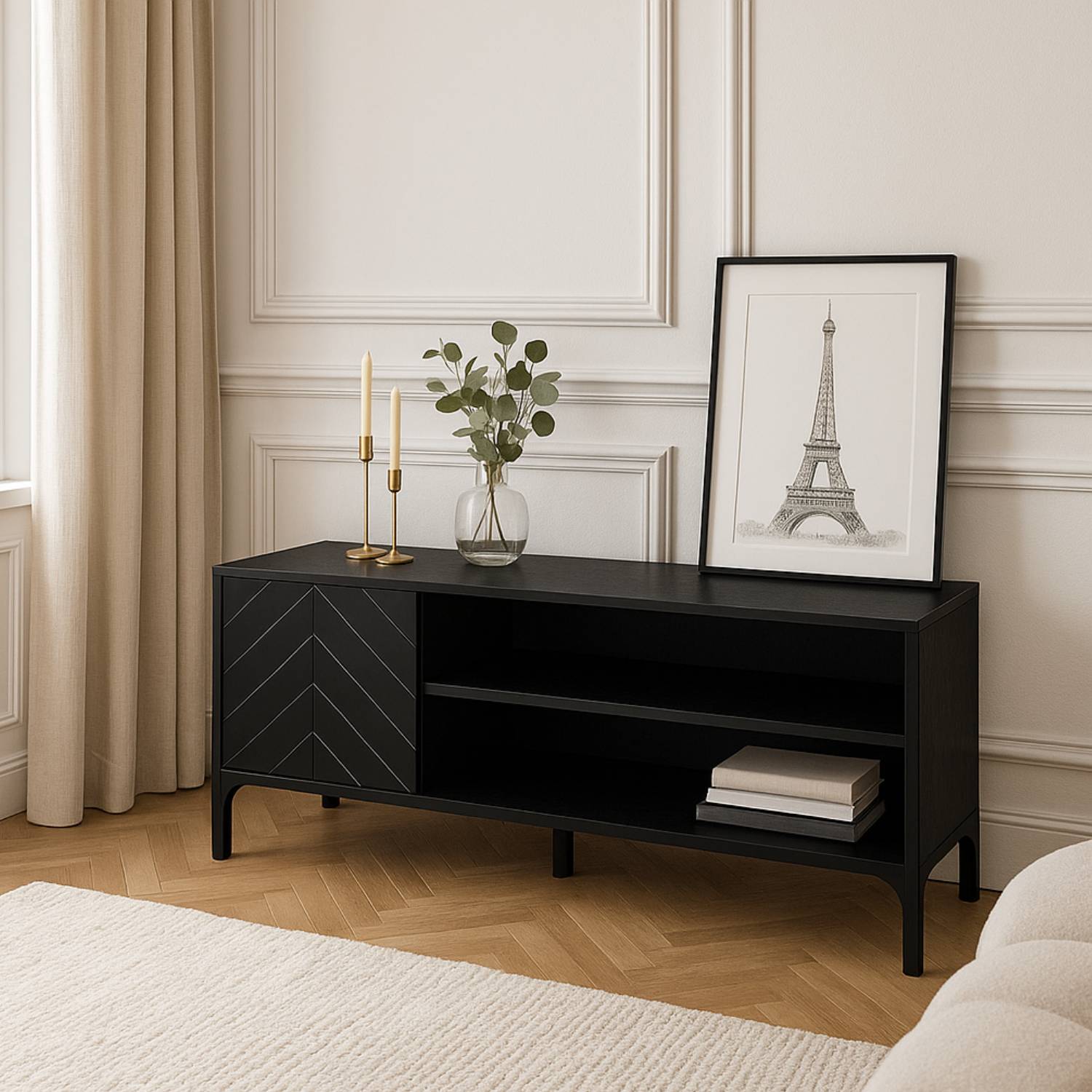 Meuble TV 135 cm – Noir mat avec façade motif chevrons