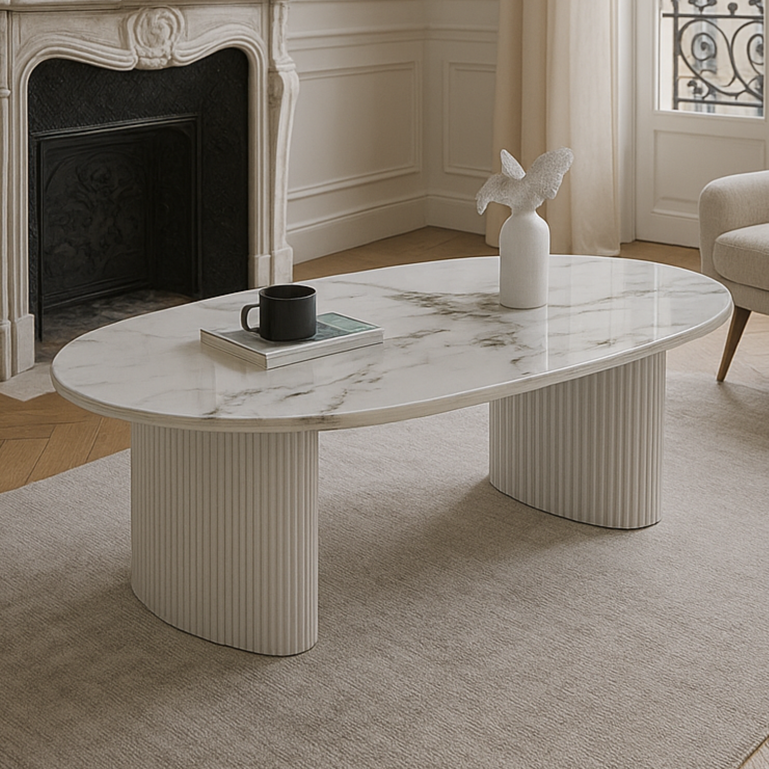Table basse Plateau en marbre Céramique beige et Piètement en Bois Laqué