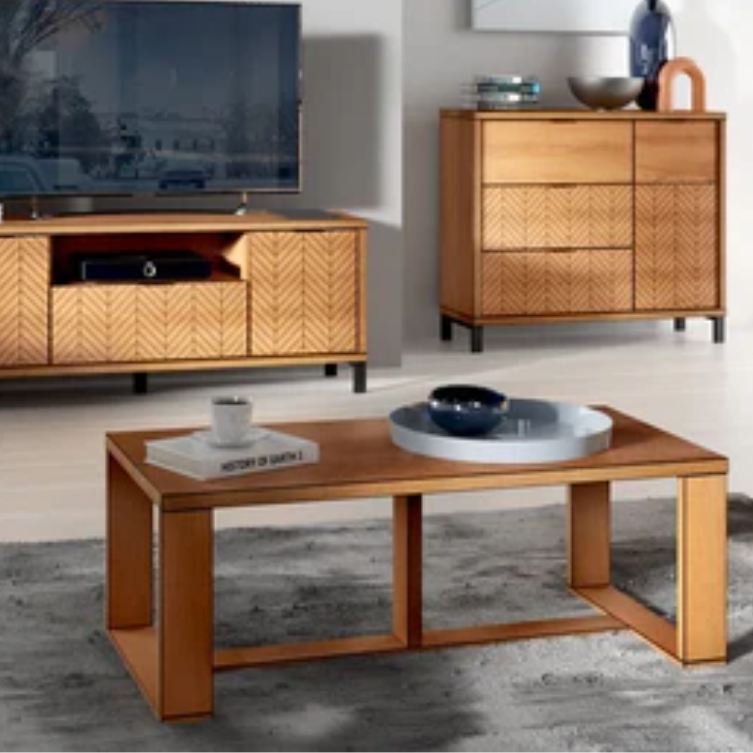 Table Basse Classique en Chêne Caramel  avec Grand Plateau