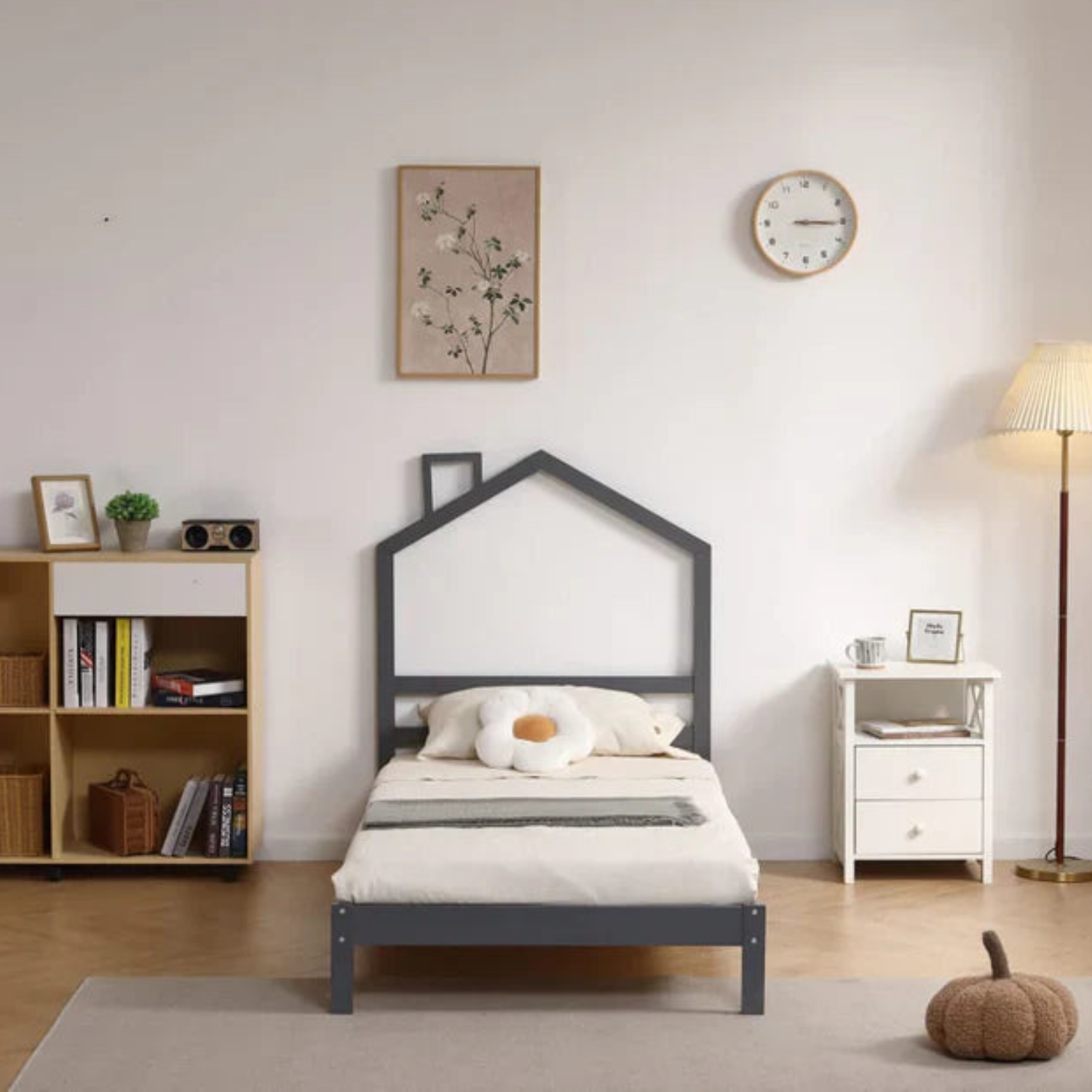 Lit Enfant  – Design Naturel en Bois Blanc et Gris 90x190 cm