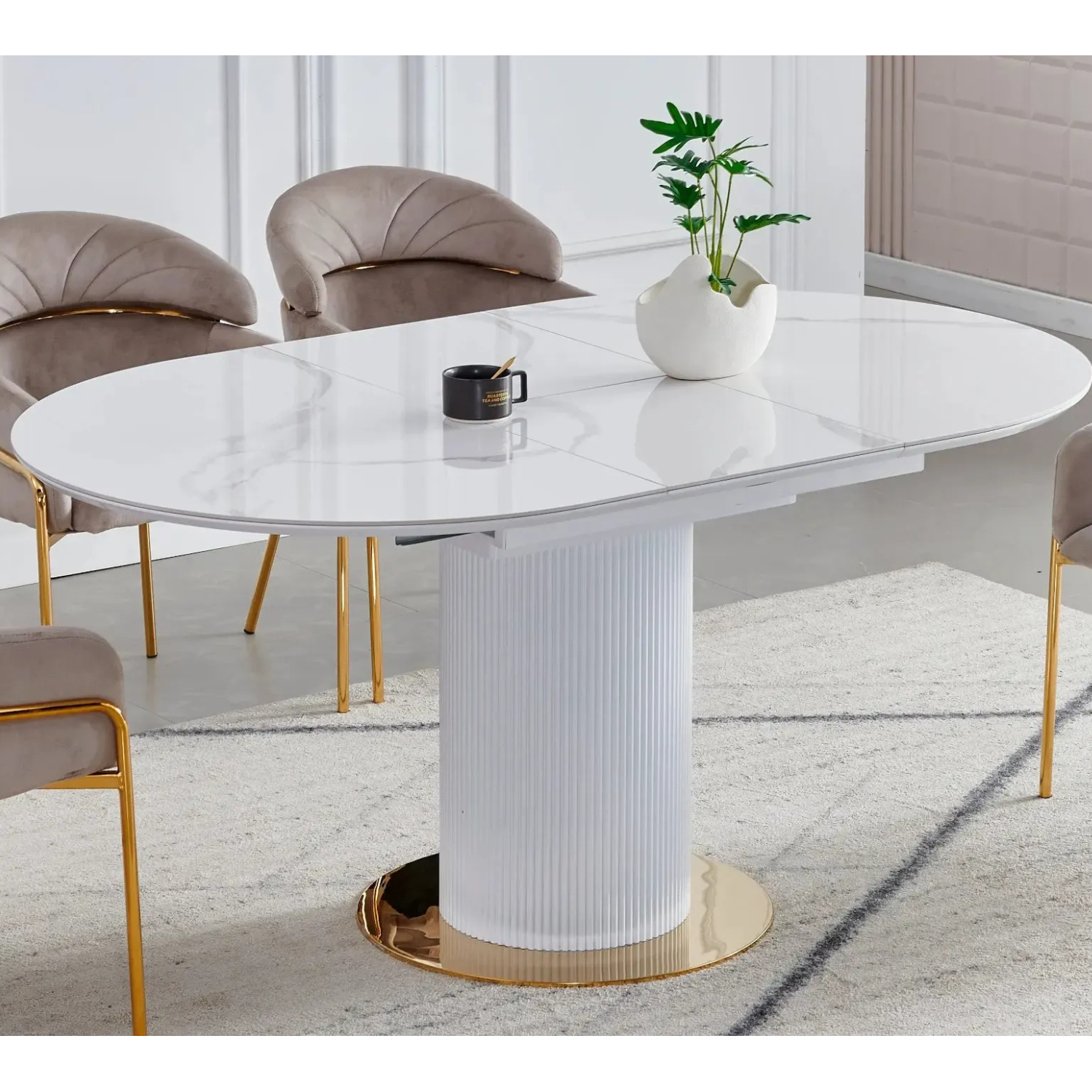 Table à Manger Extensible avec Rallonge en Céramique et Piètement en Bois Laqué et Inox