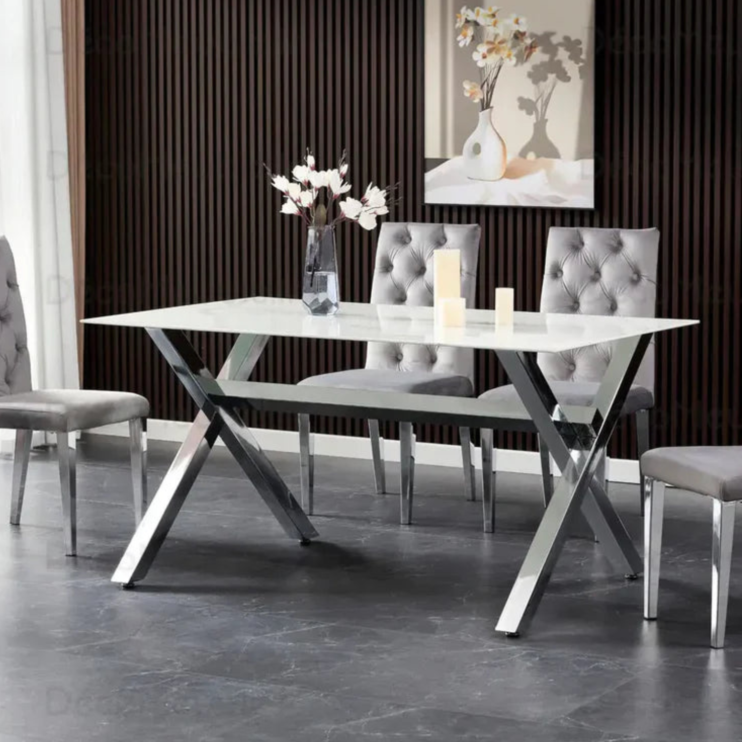 Ensemble de table à Manger en Marbre Blanc et 6 Chaises Capitonnées Ecru