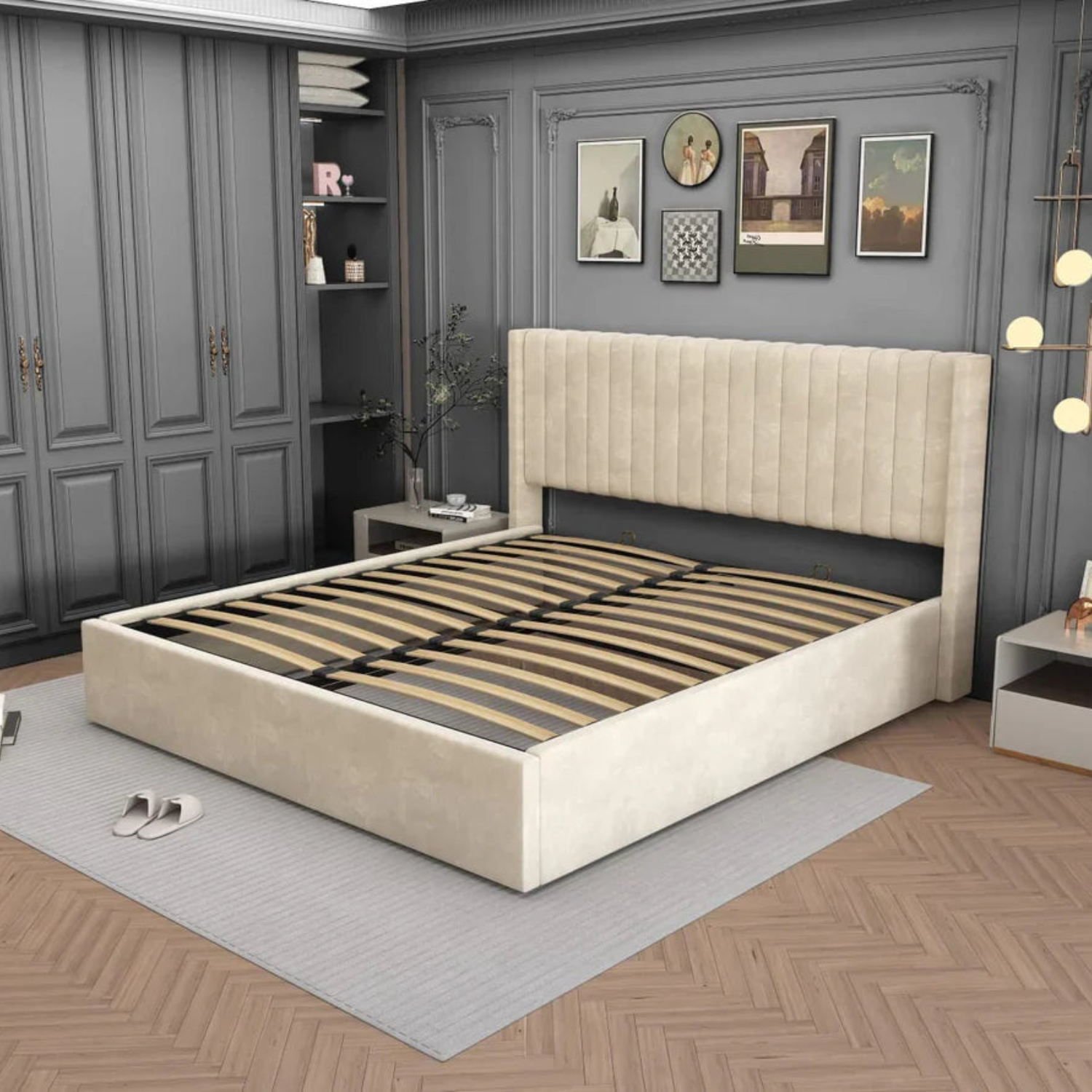 Lit Double Coffre AMÉLIA en Velours – Élégance, Confort et Rangement