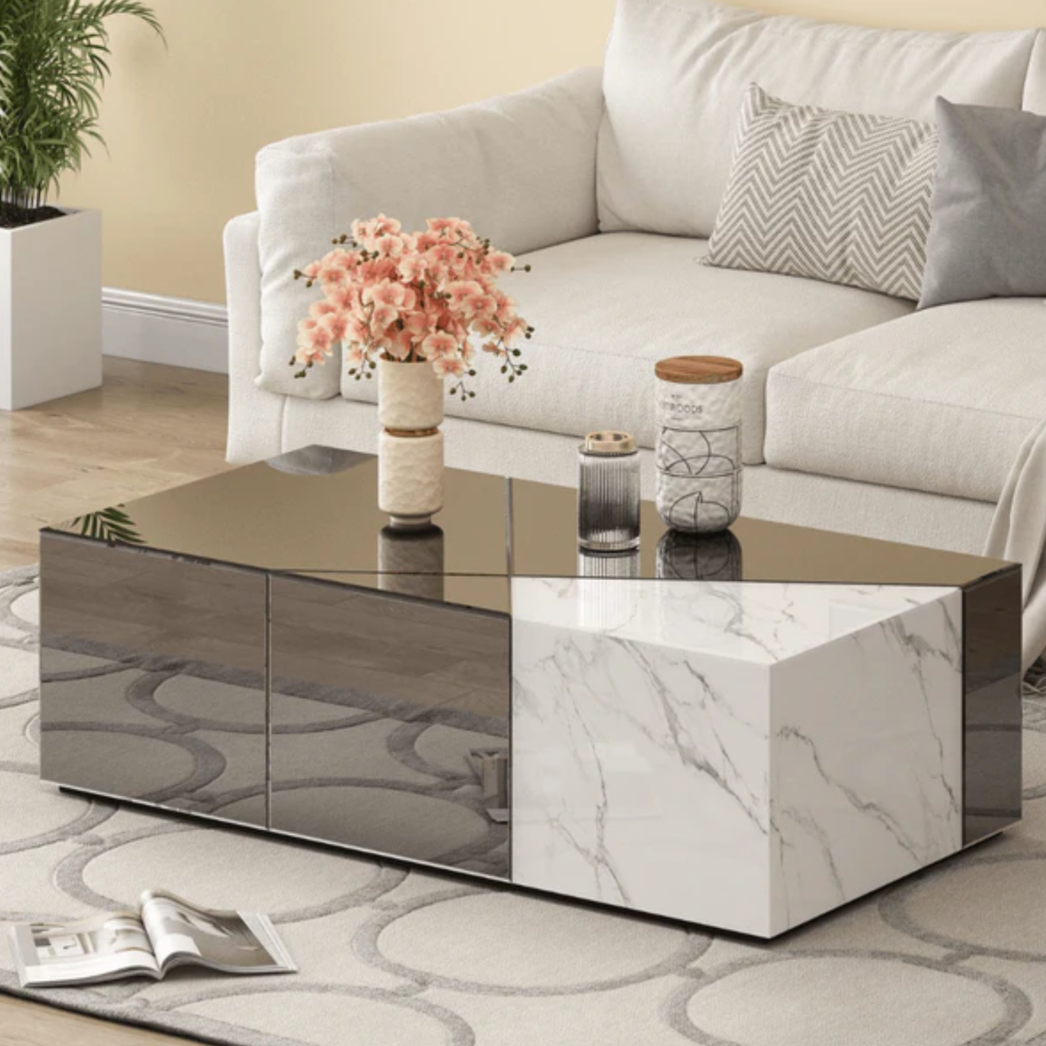 Table Basse, verre miroir, marbre gris
