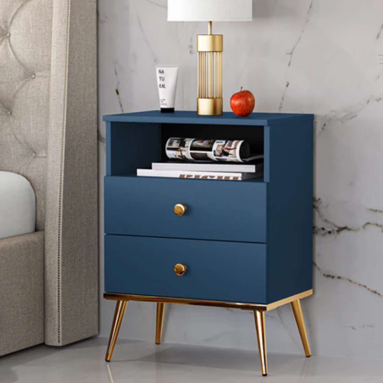 Table de Chevet Moderne en Labrador et Bleu Foncé avec Bordure ABS – Élégance et Durabilité pour Votre Chambre