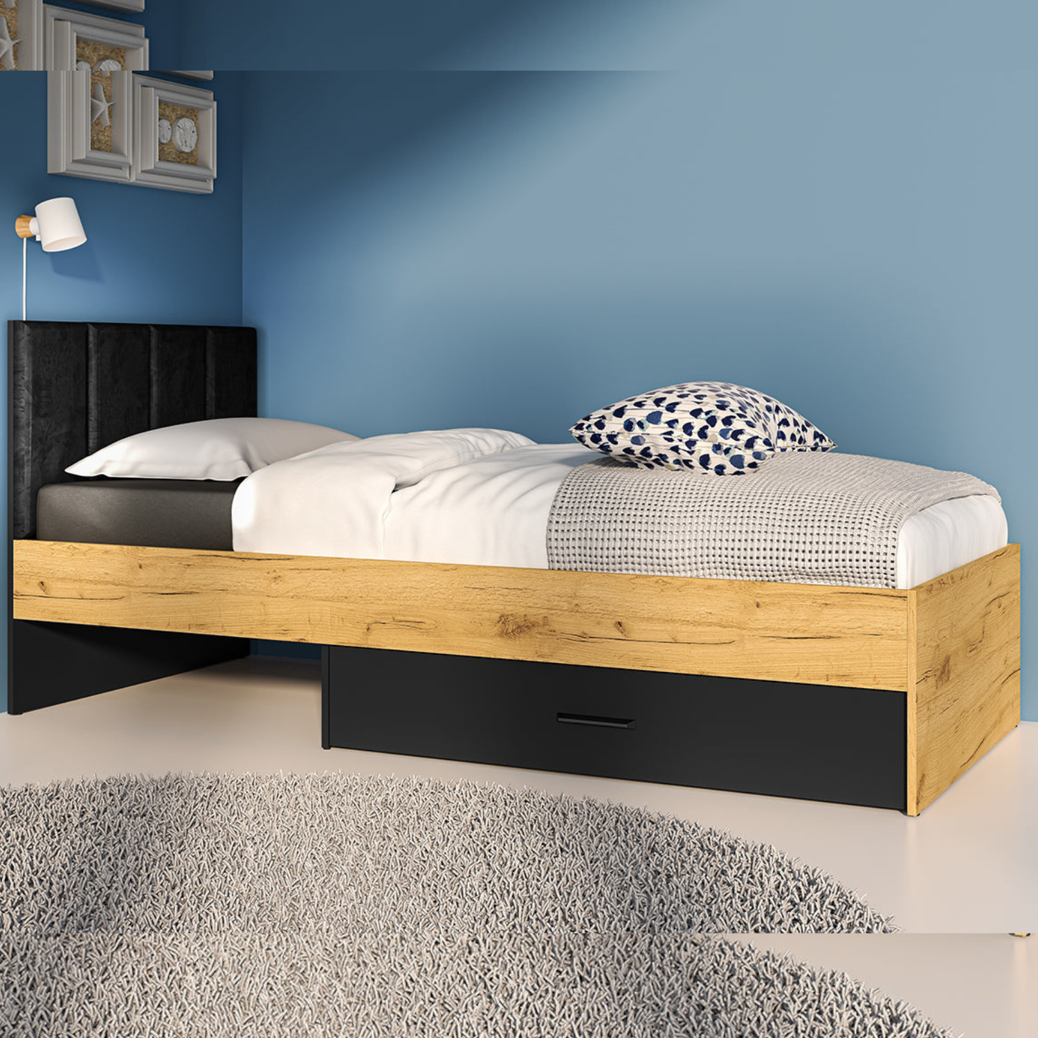 Lit en Chêne Craft Or et Noir avec Tête de Lit en Velours Noir – Design Moderne et Résistant