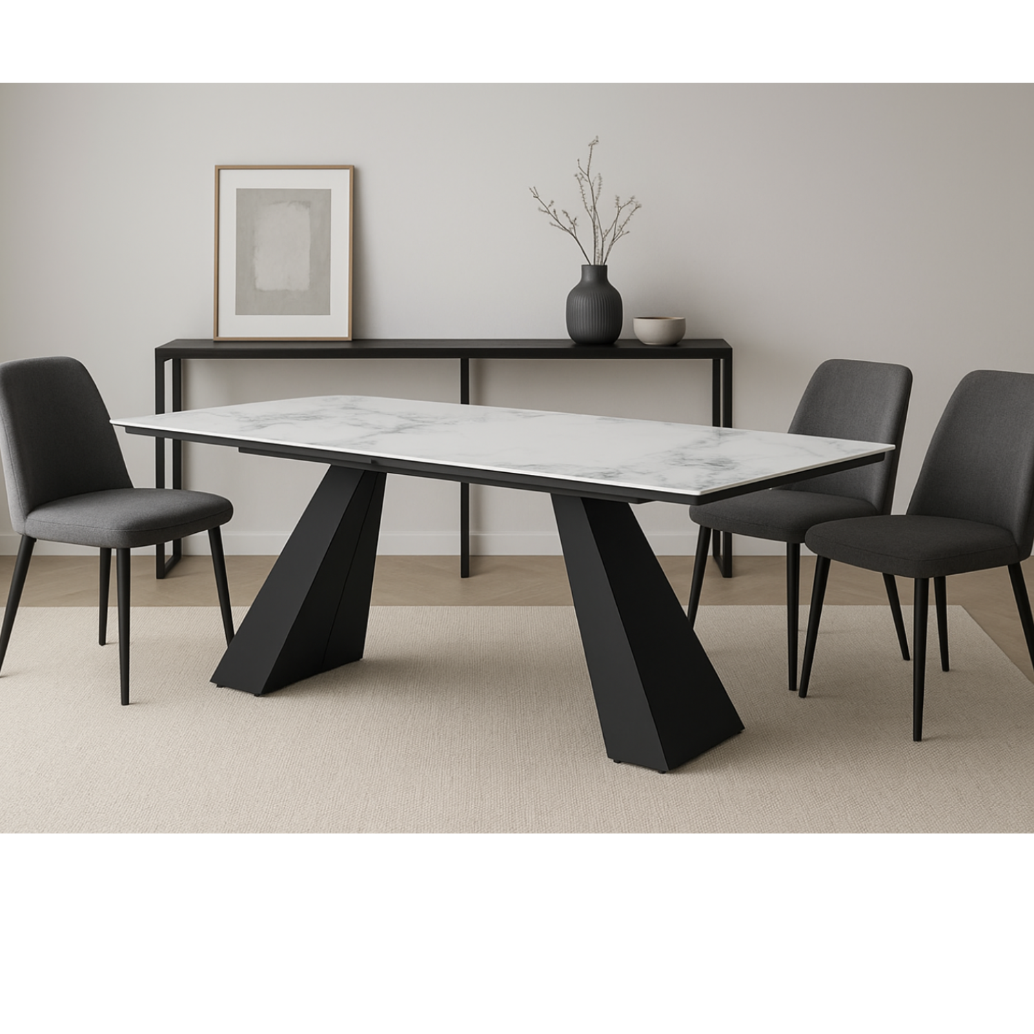 Table à Manger Extensible – Plateau Marbre Blanc et Verre Trempé, Pieds Métal Noir