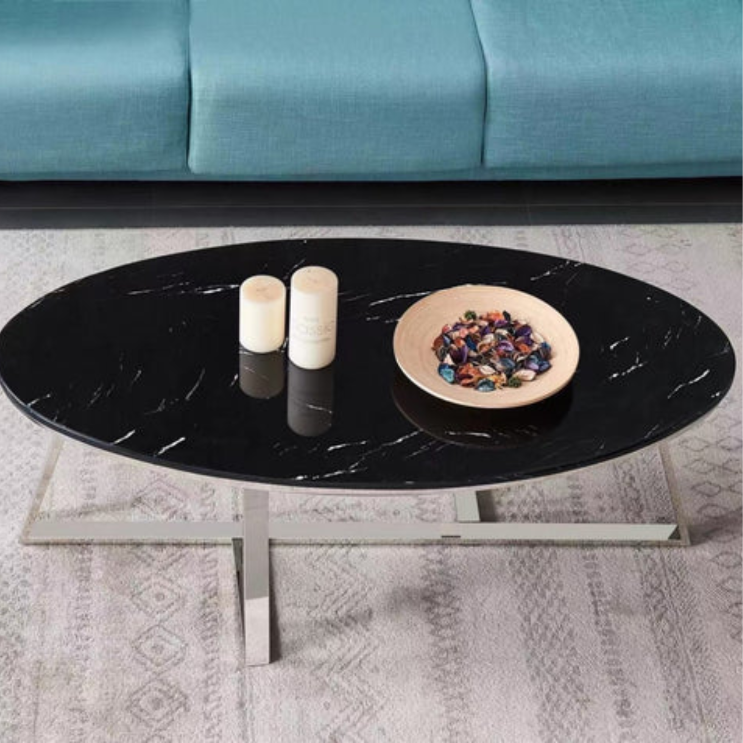 Table Basse ovale véritable Marbre structure métal 120x60×45 Cm