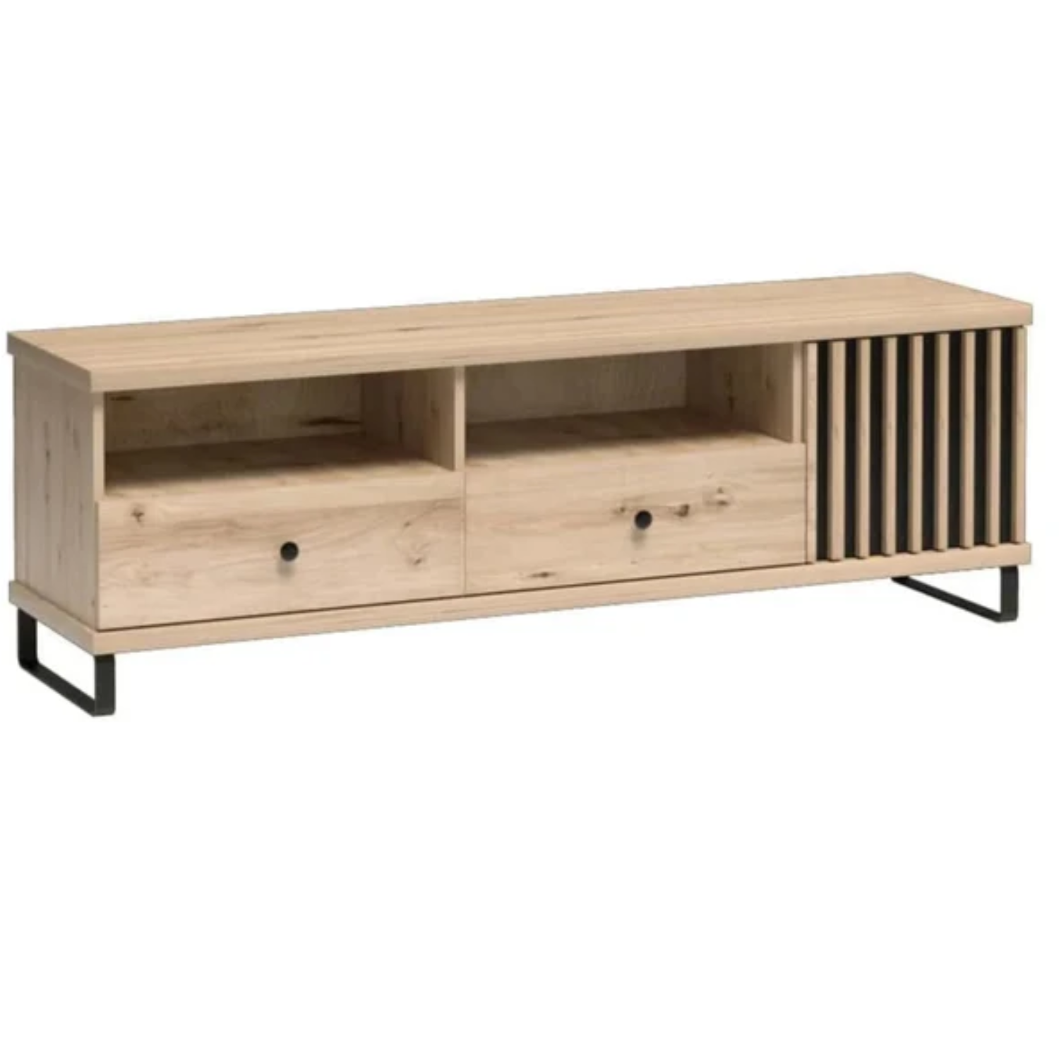Meuble TV moderne 160 cm – Façade noire à lattes et corps bois Artisan – 2 tiroirs