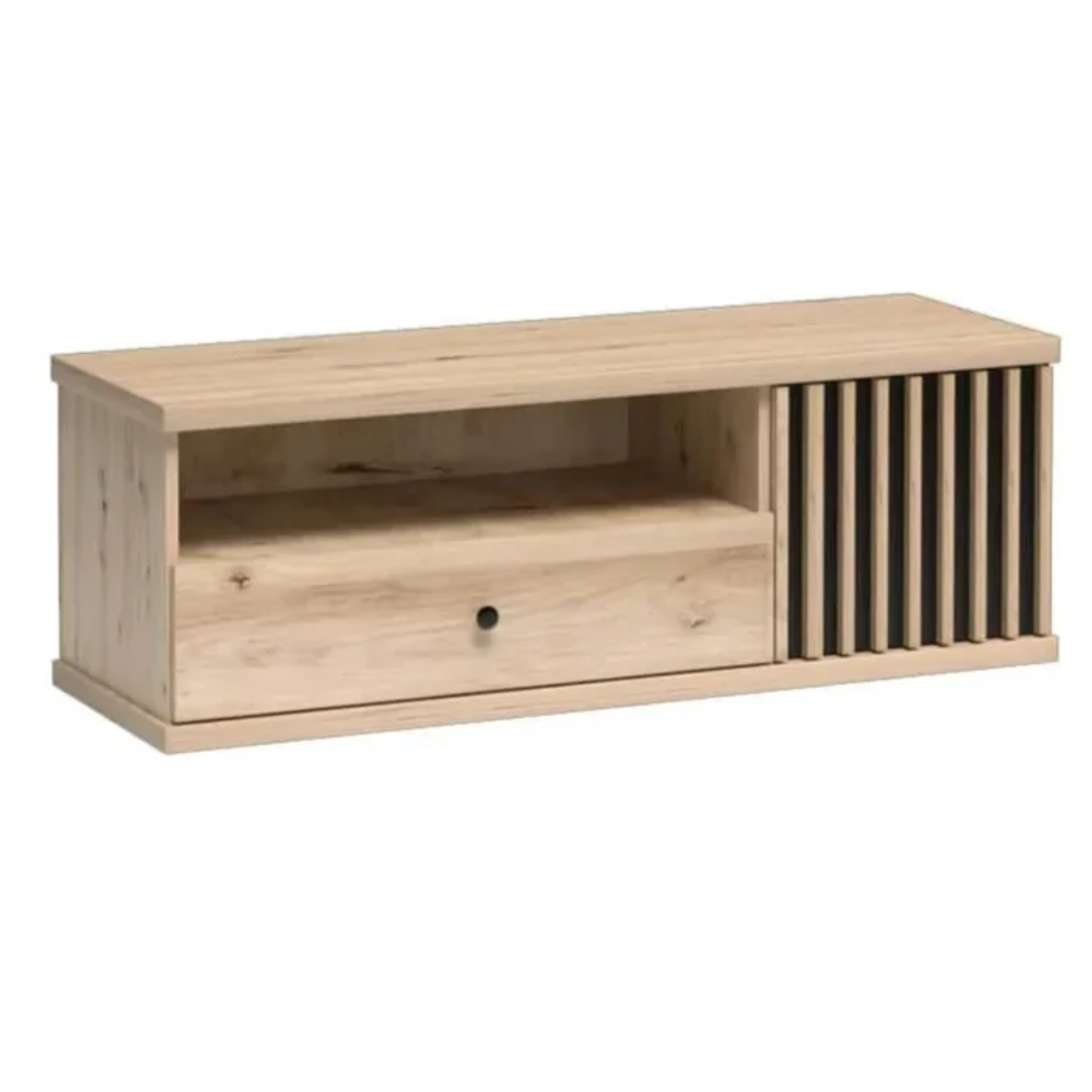 Meuble tv innovant avec tiroir central et armoire, design moderne avec façade noire à lattes et finition Artisan naturelle