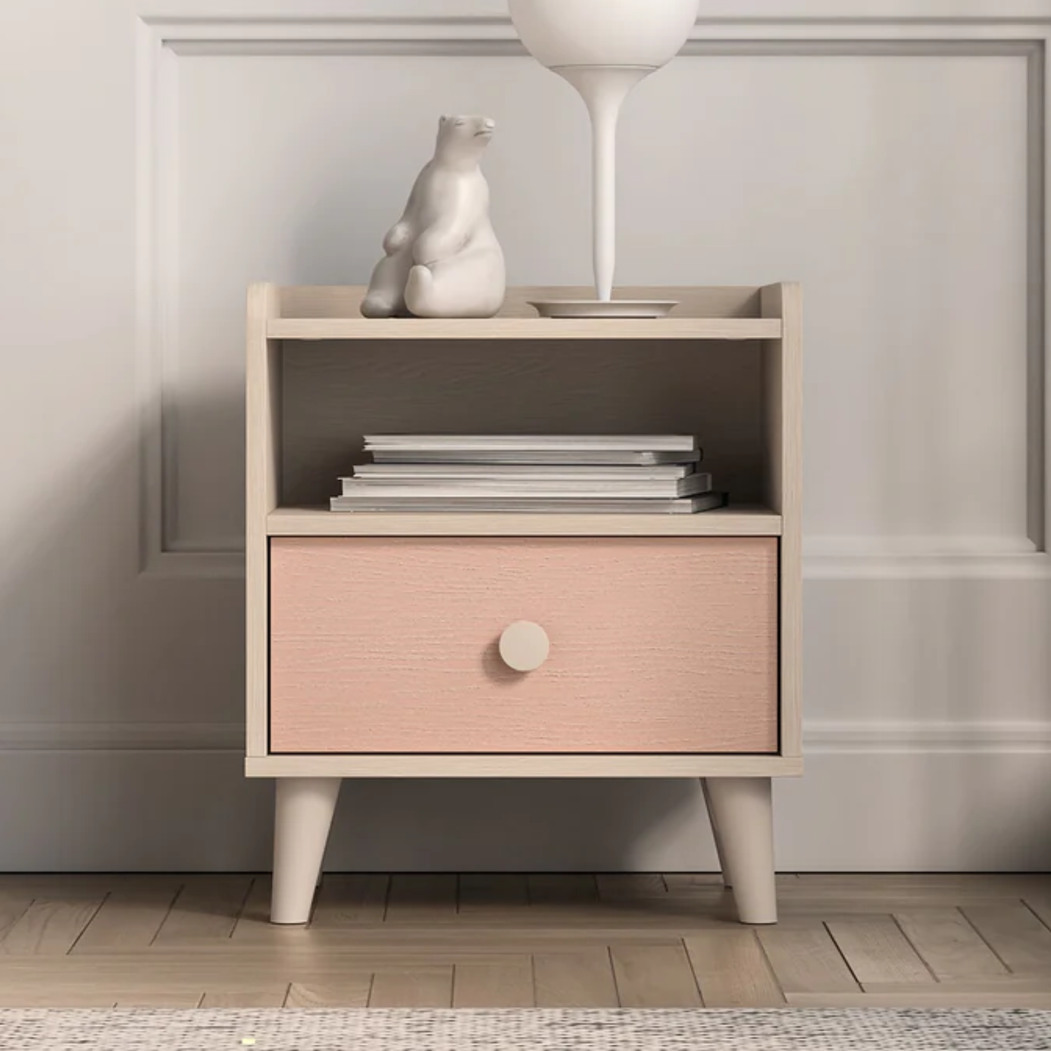 Table de chevet pour enfant en rose millénaire et sable du désert, avec bordure en ABS résistante aux chocs et à l'humidité