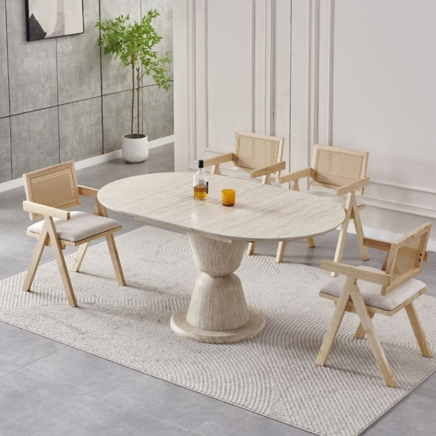 Table à Manger Extensible – Plateau Céramique Travertin et Pieds Noyer