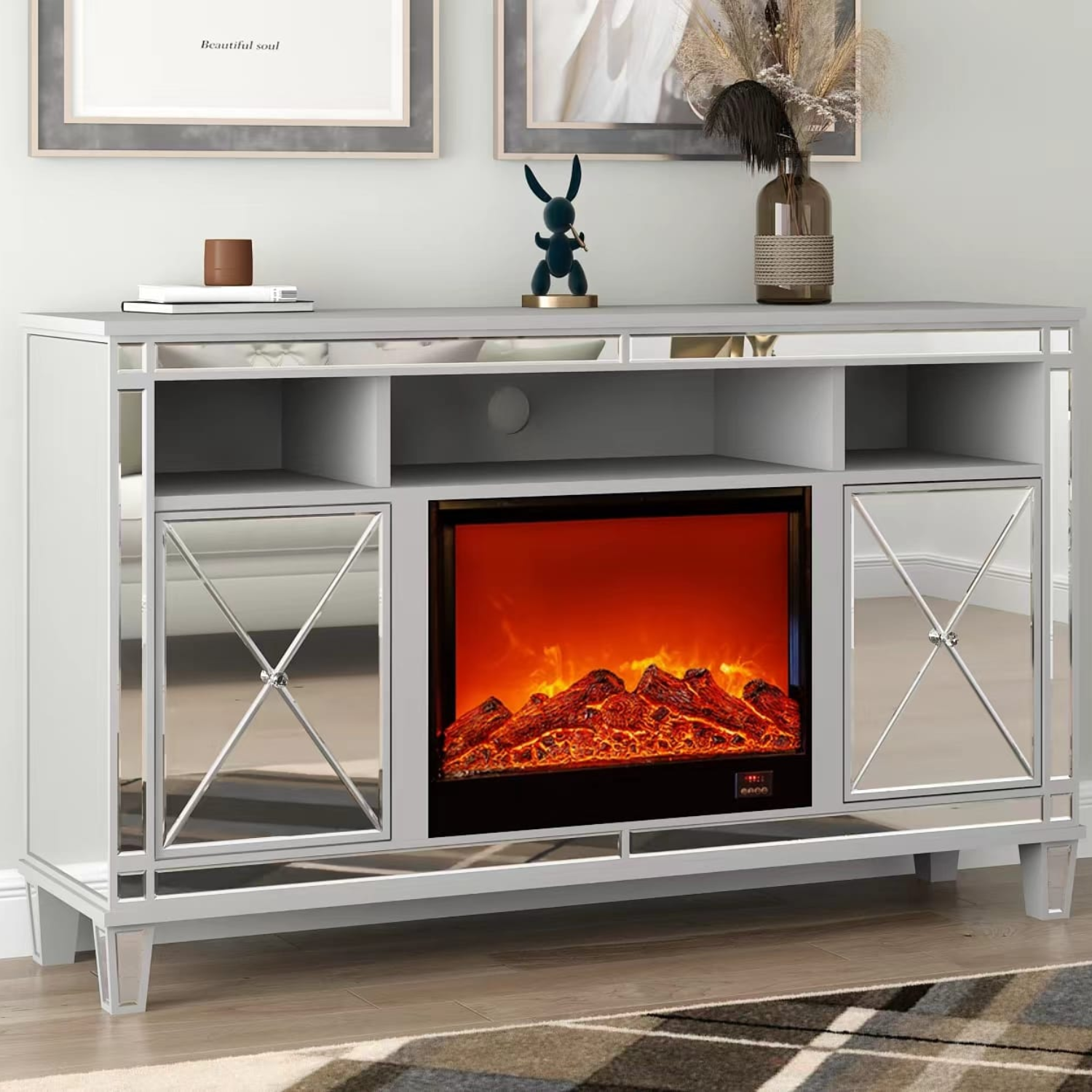 Meuble TV cheminée ARION 150x40x90 cm – MDF miroir, Cheminée intégrée, Rangement pratique