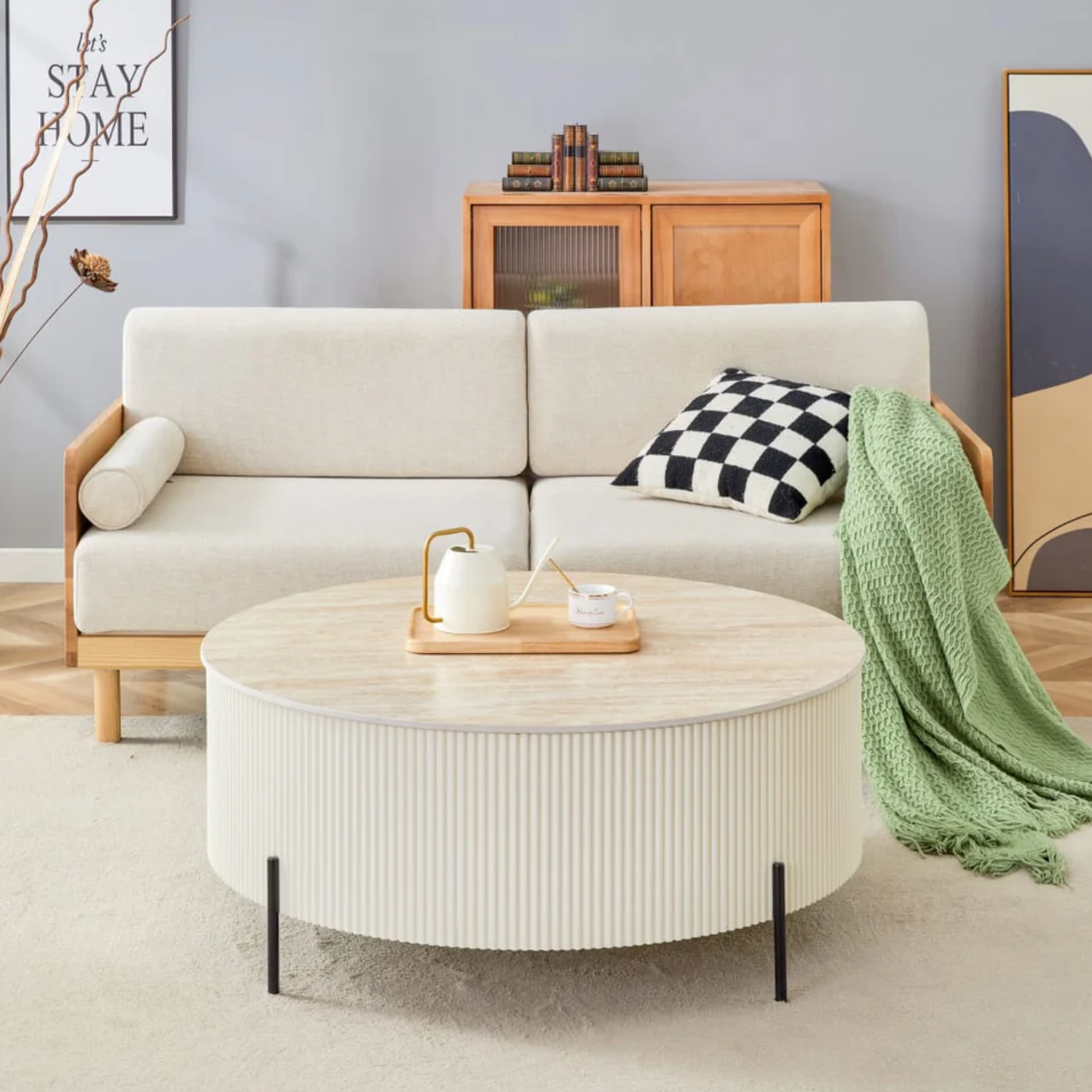 Table basse – Céramique effet travertin mat, pieds noir ou beige, Ø 80 à 100 cm