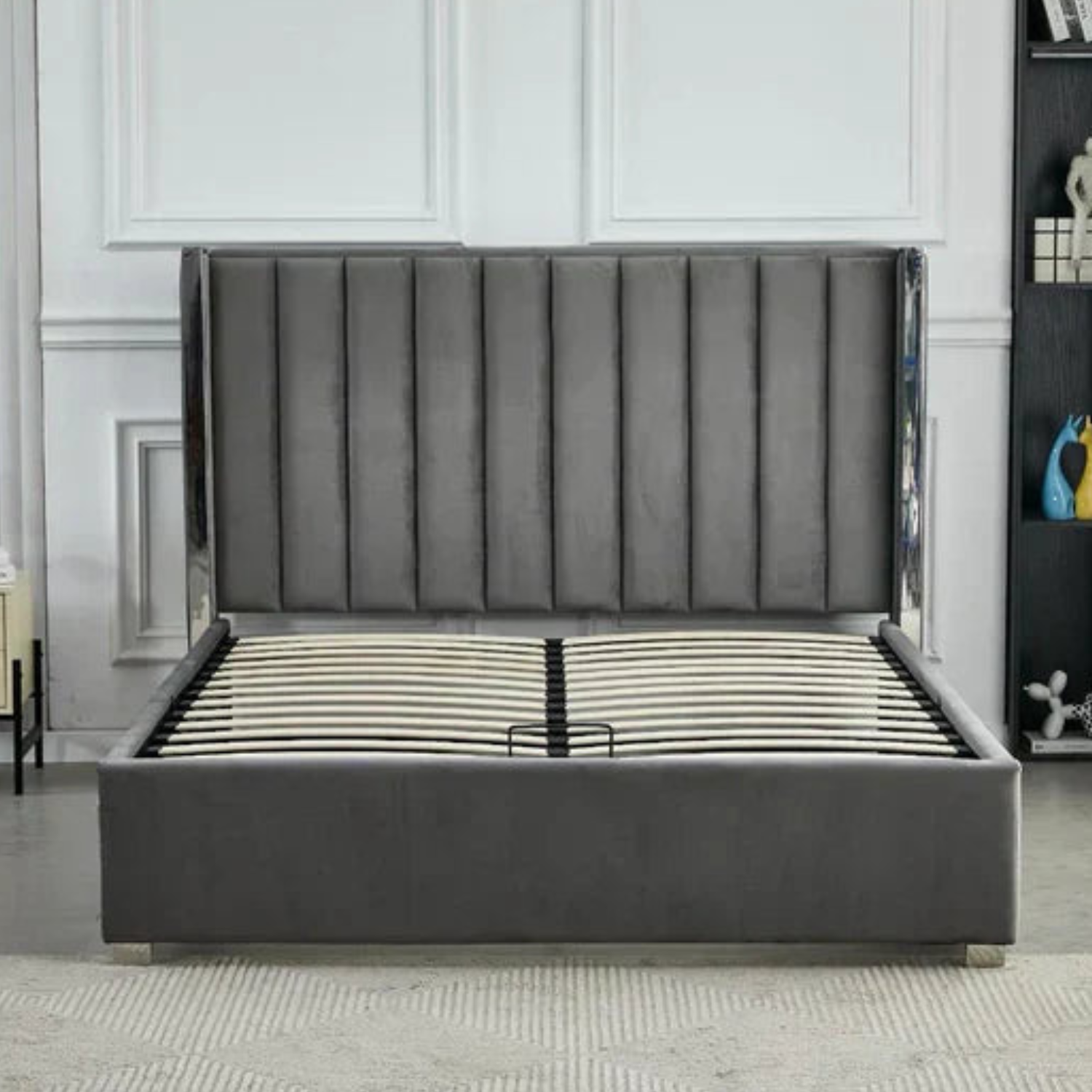 Lit Coffre avec Tête Capitonnée  avec Rangement  – Velours Taupe, Gris ou Noir – 140x200 / 160x200 cm