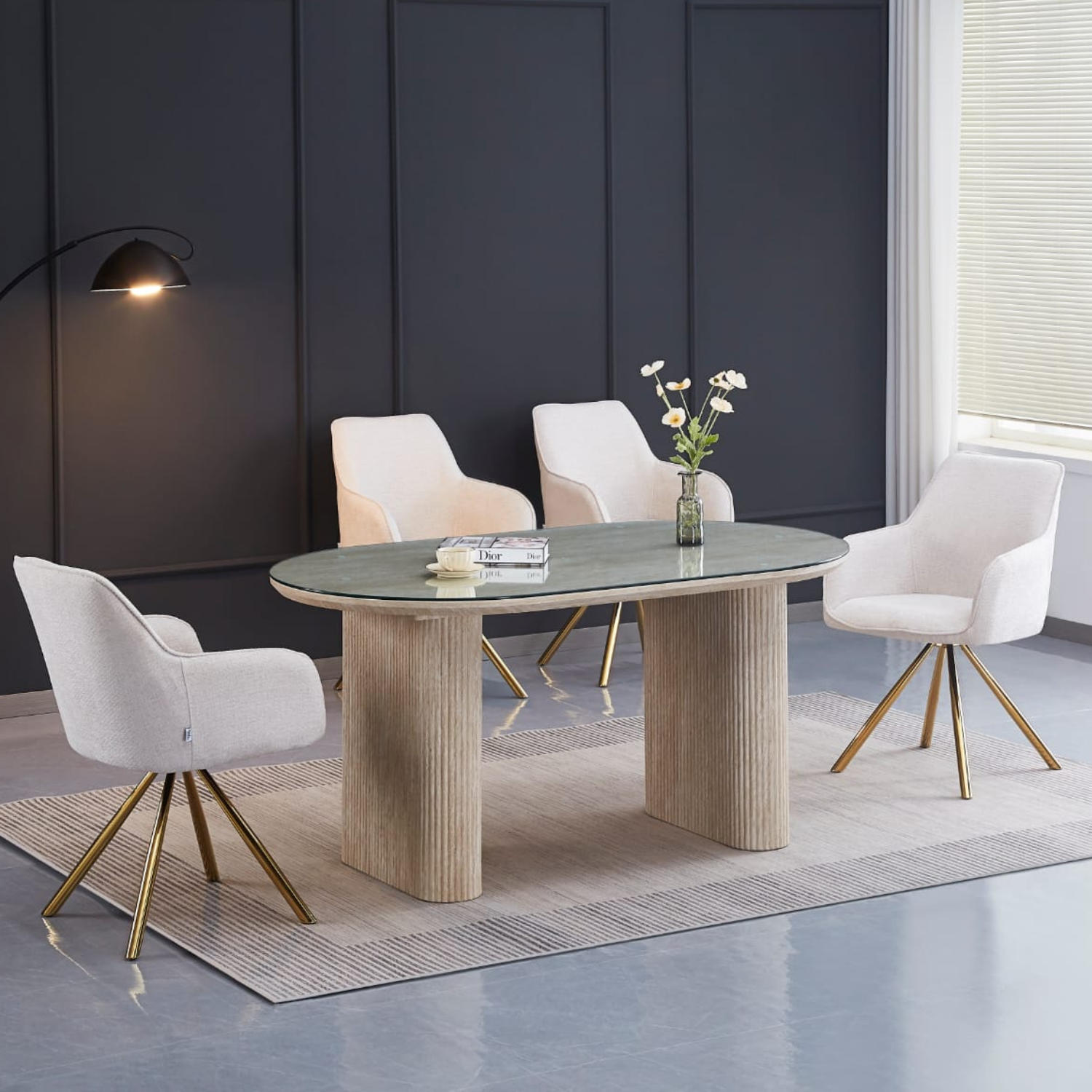 TABLE A MANGER EFFET TRAVERTIN PLATEAU TRANSPARENT 160X90X75