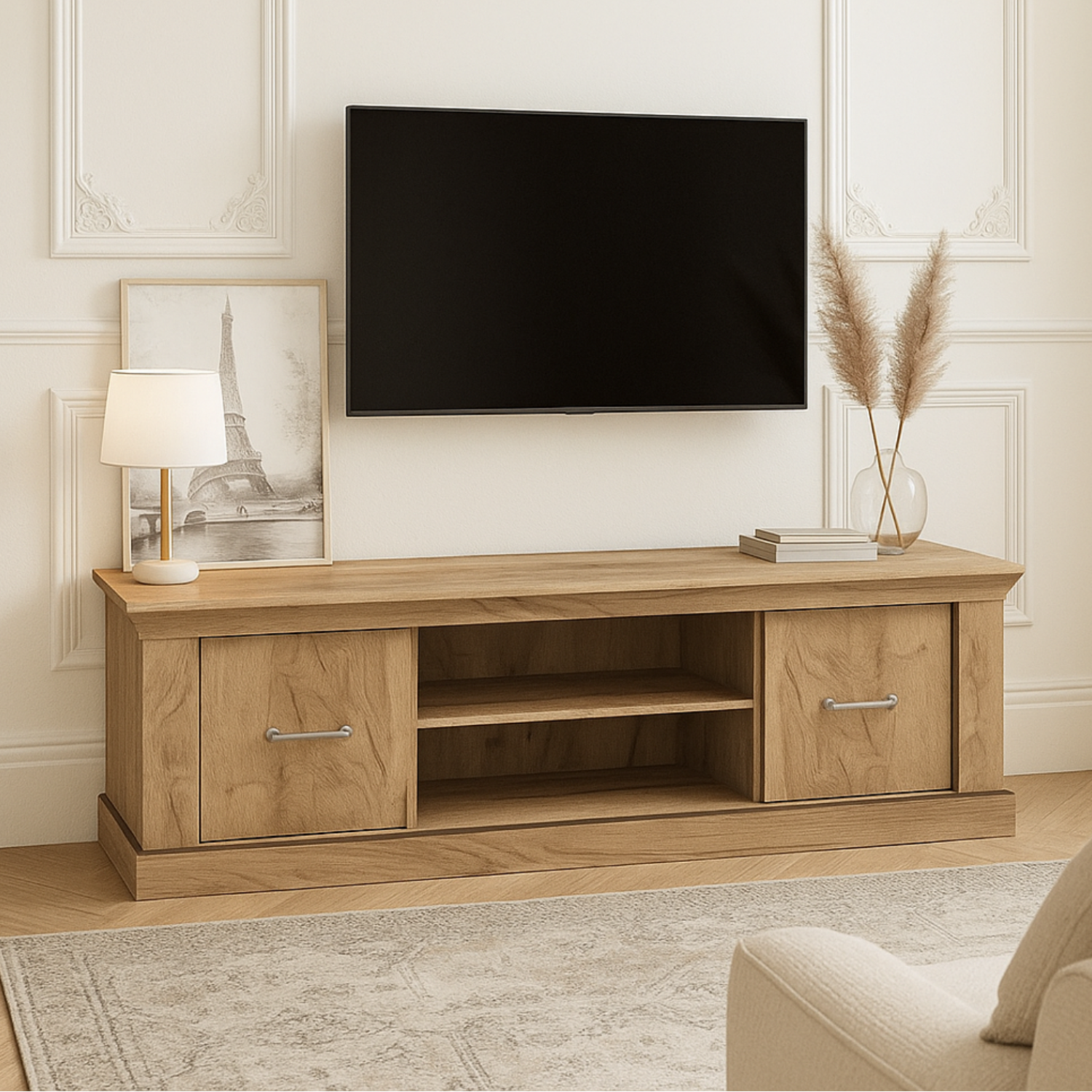 Meuble TV spacieux 142–162 cm – 2 armoires latérales et étagère centrale – Design moderne