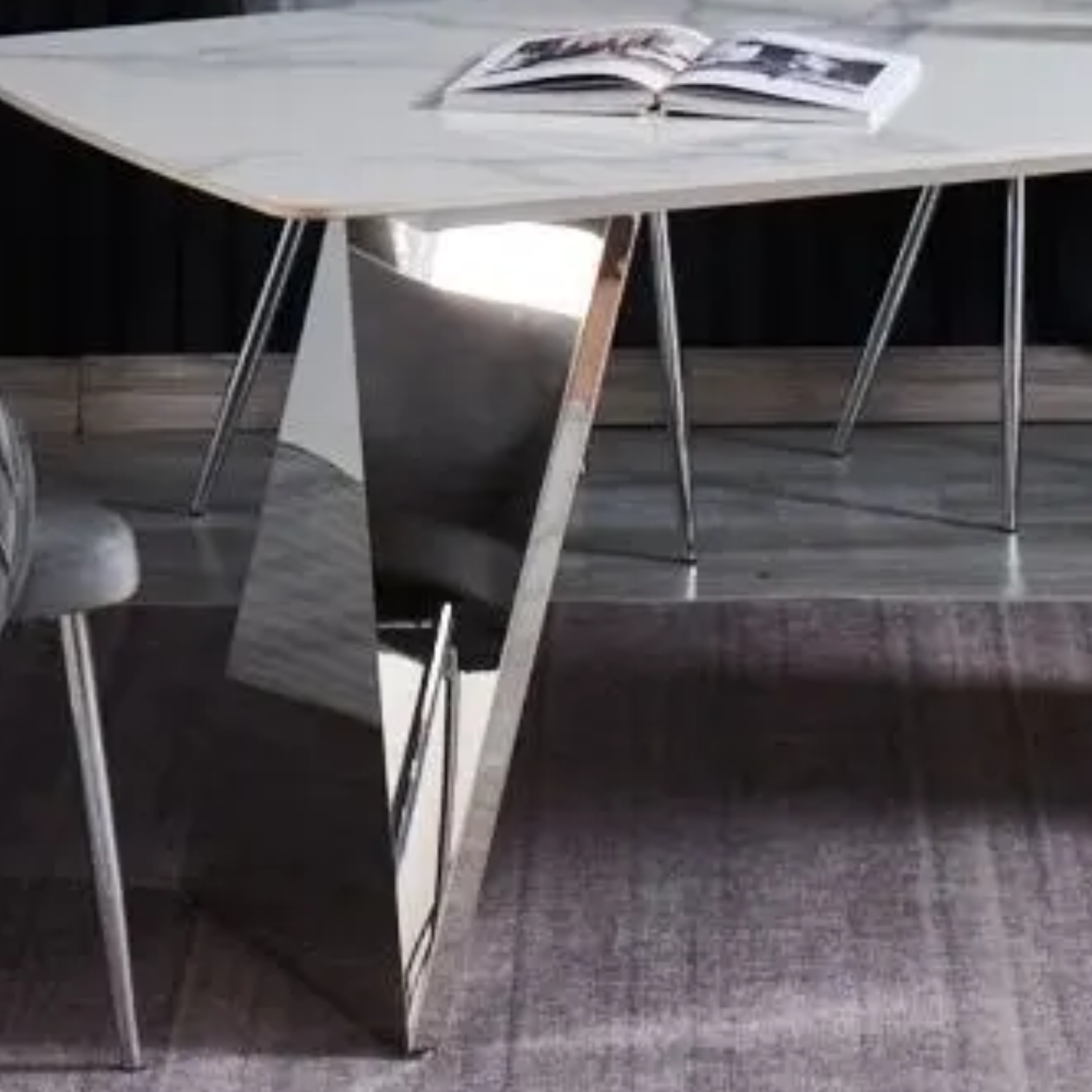 Table à manger 180x90 cm – Plateau céramique effet marbre blanc & pieds métal doré ou argenté