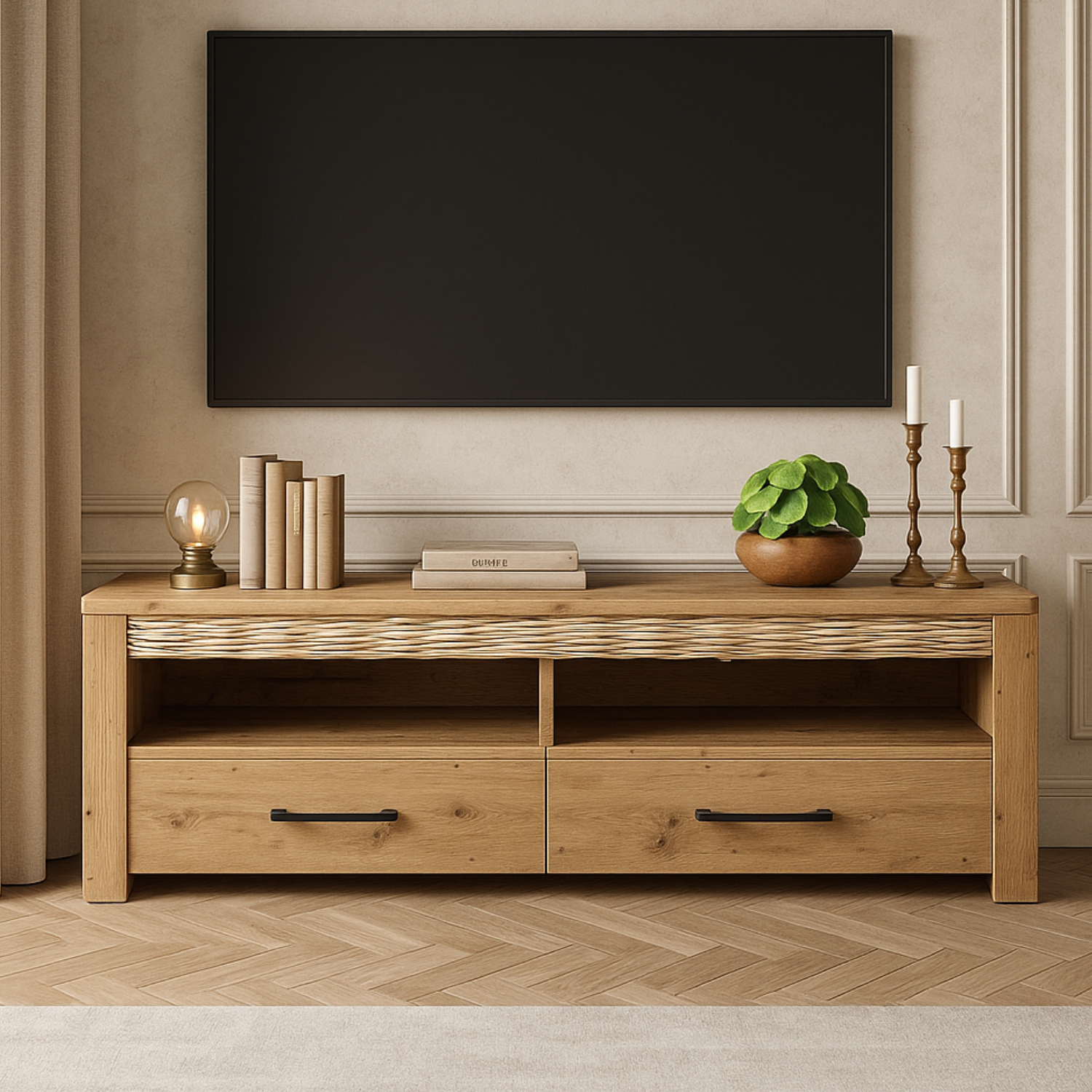 Meuble TV bas moderne – Collection Artisan Épure – Chêne artisanal & MDF rainuré – Tiroirs à extension totale