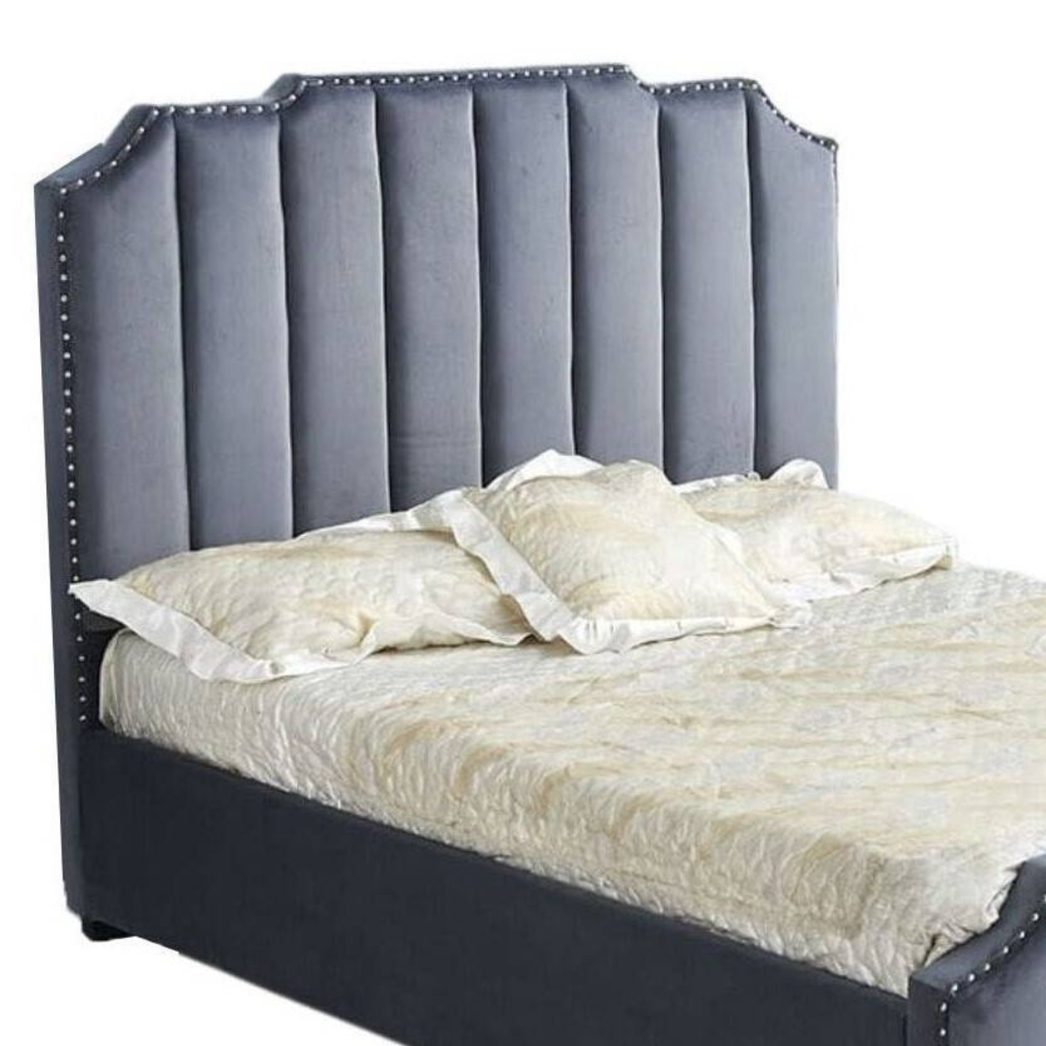 Lit capitonné en ligne revêtement en velours et sommier à latte en bois-160x200 cm