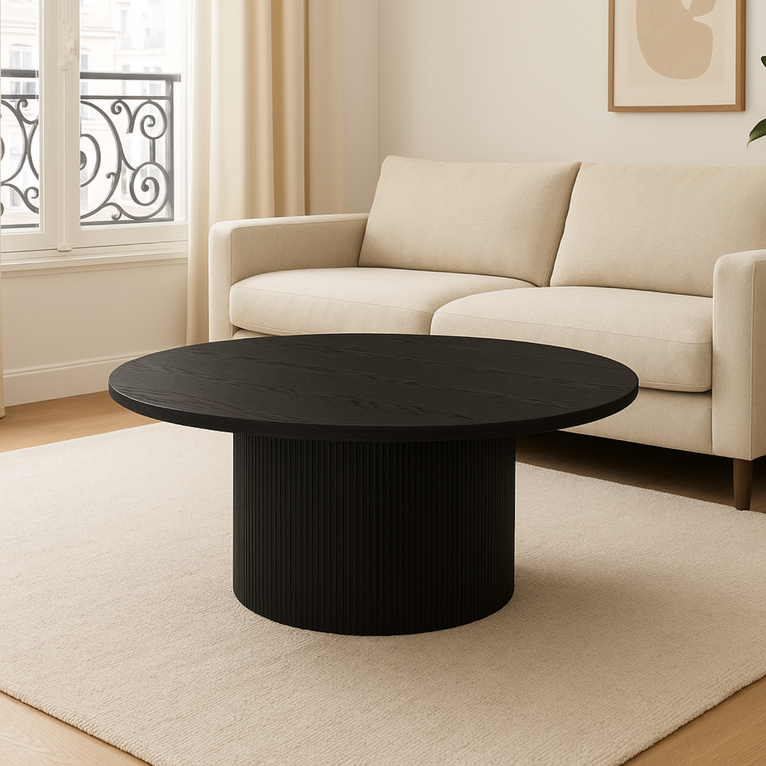 Table Basse en Chêne Noirci avec Piétement Cylindrique en MDF