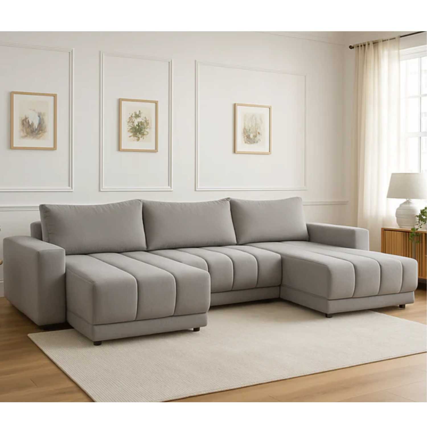 Canapé panoramique convertible Gris avec lit intégré et finitions haut de gamme