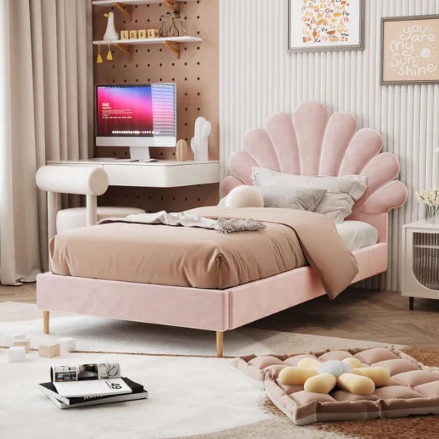 Lit Enfant Coquillage 90x190 cm en Velours Rose