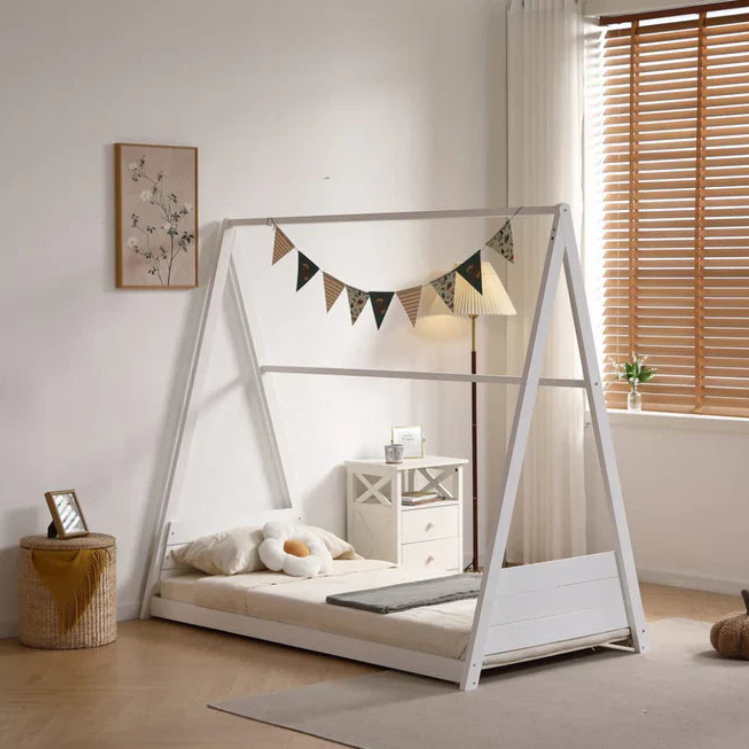 Lit simple Natura – Structure bois blanc & gris, ambiance naturelle 90x190 Cm