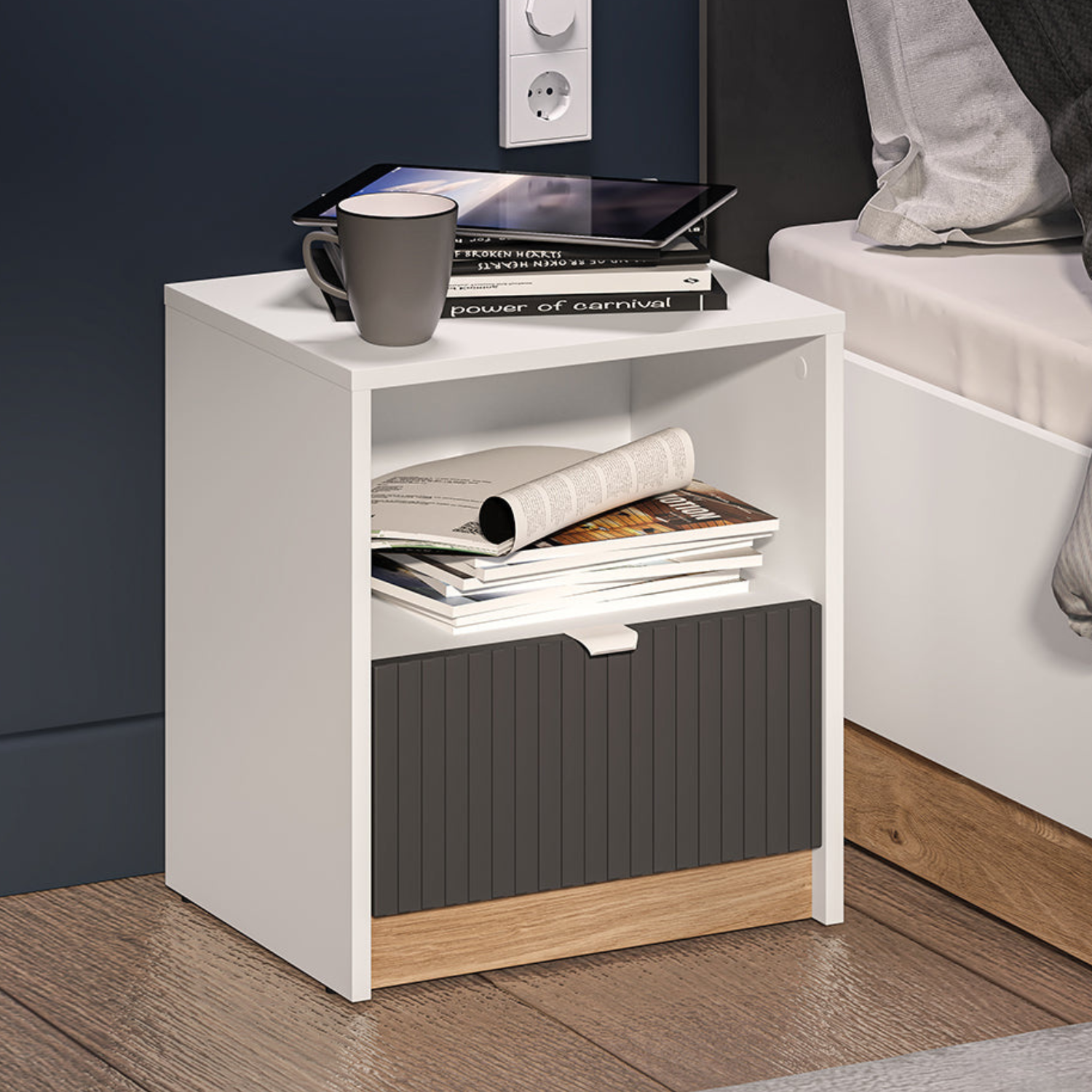 Table de Chevet Moderne – Blanc, Graphite Mat & Chêne Castello
