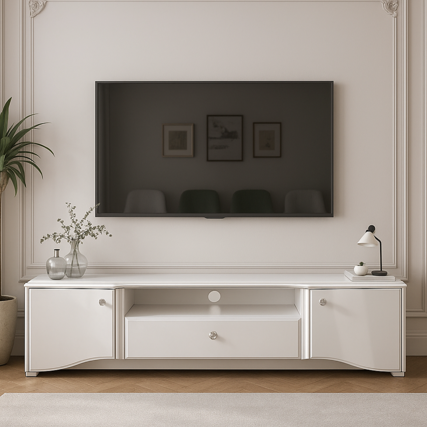Meuble TV Moderne en Blanc Brillant avec Bordure ABS Durable et Tiroirs Spacieux