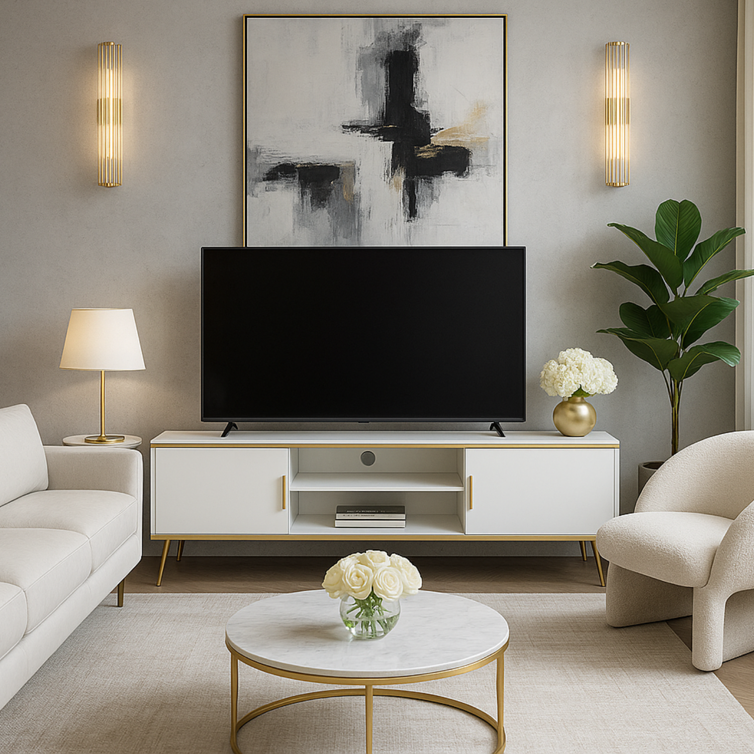 Meuble TV design moderne en bois blanc laqué mat & métal doré – rangement élégant